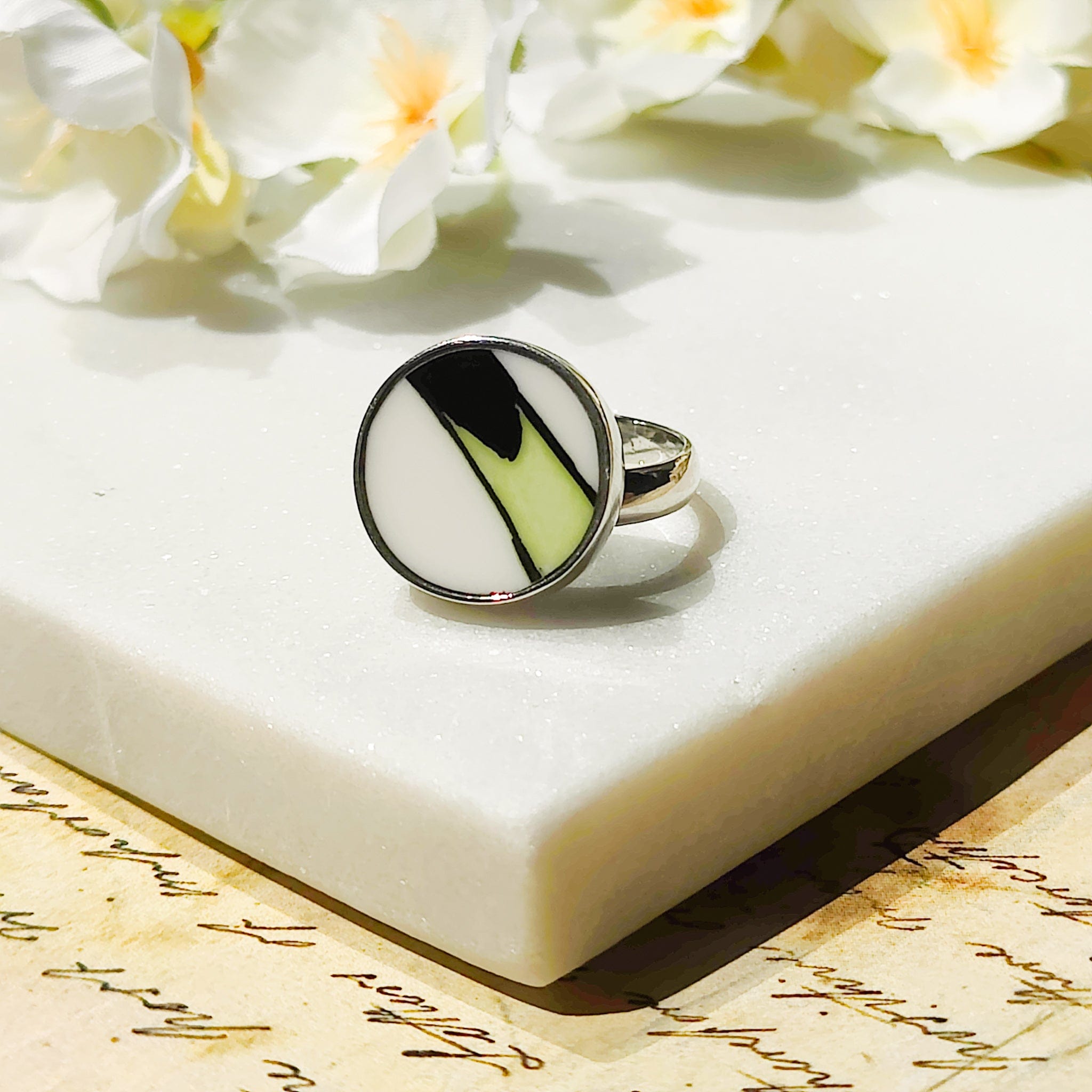 Hepburn and Hughes Art Deco Ring | Clarice Cliff Ceramics | Green and White Circle | Sterling Silver