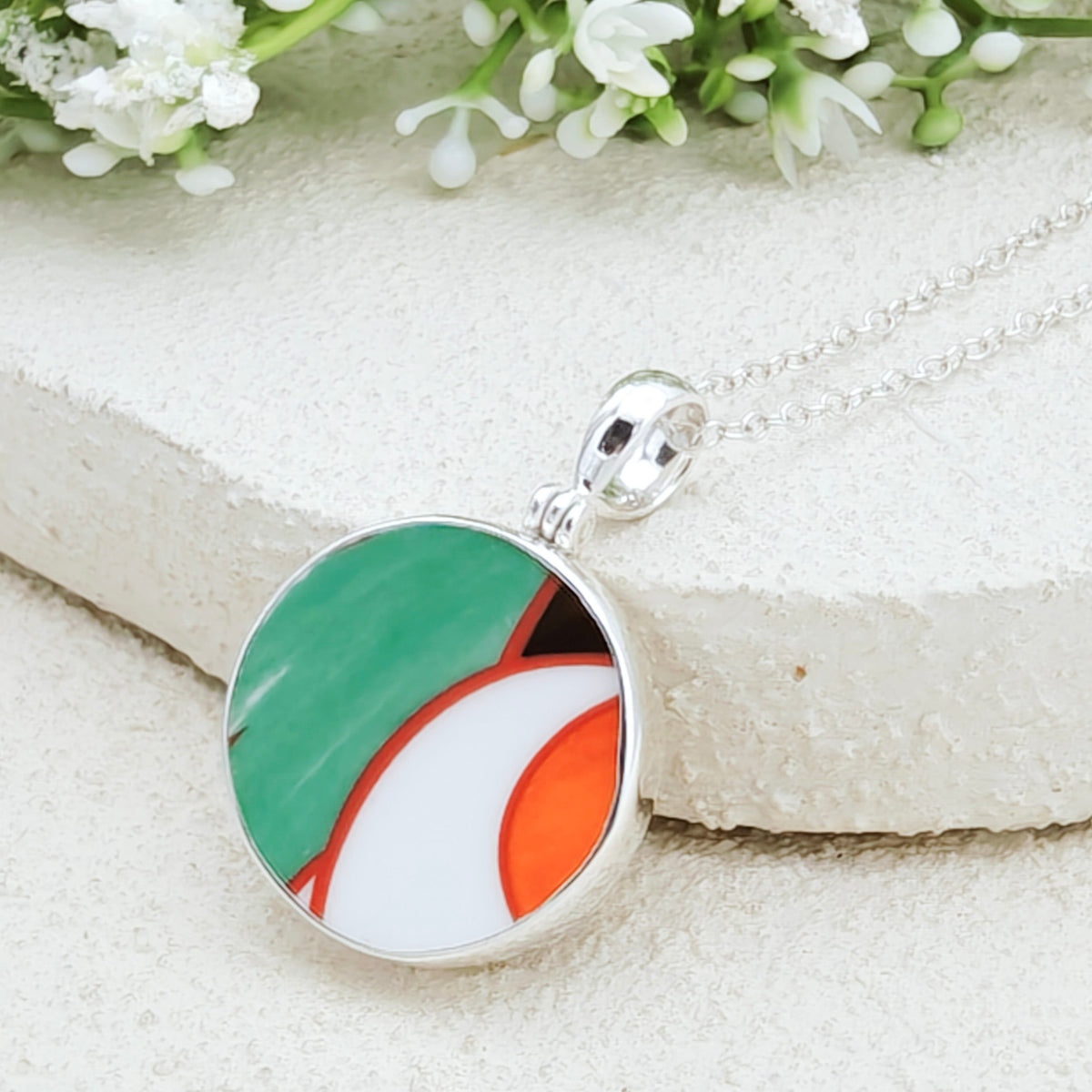 Hepburn and Hughes Art Deco Sterling Silver Pendant | 22mm Round Clarice Cliff necklace | 9th Anniversary Gift