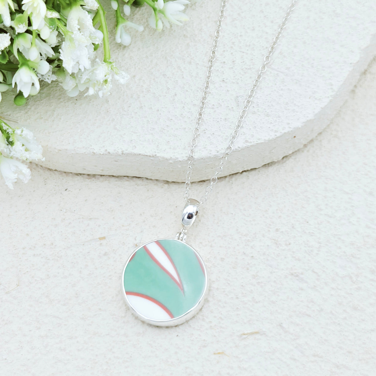 Hepburn and Hughes Art Deco Sterling Silver Pendant | 22mm Round Clarice Cliff necklace | 9th Anniversary Gift