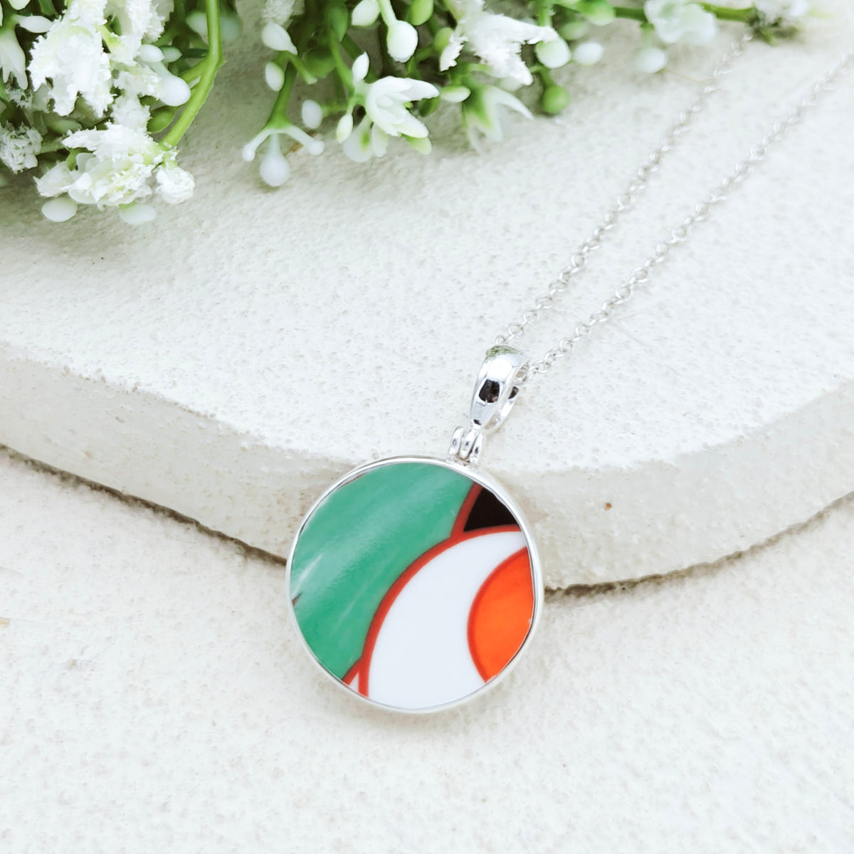 Hepburn and Hughes Art Deco Sterling Silver Pendant | 22mm Round Clarice Cliff necklace | 9th Anniversary Gift