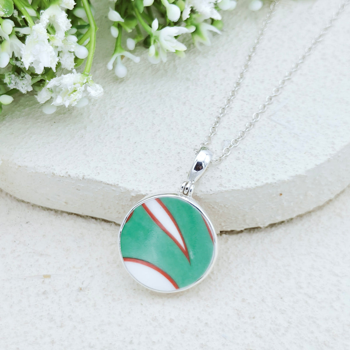 Hepburn and Hughes Art Deco Sterling Silver Pendant | 22mm Round Clarice Cliff necklace | 9th Anniversary Gift