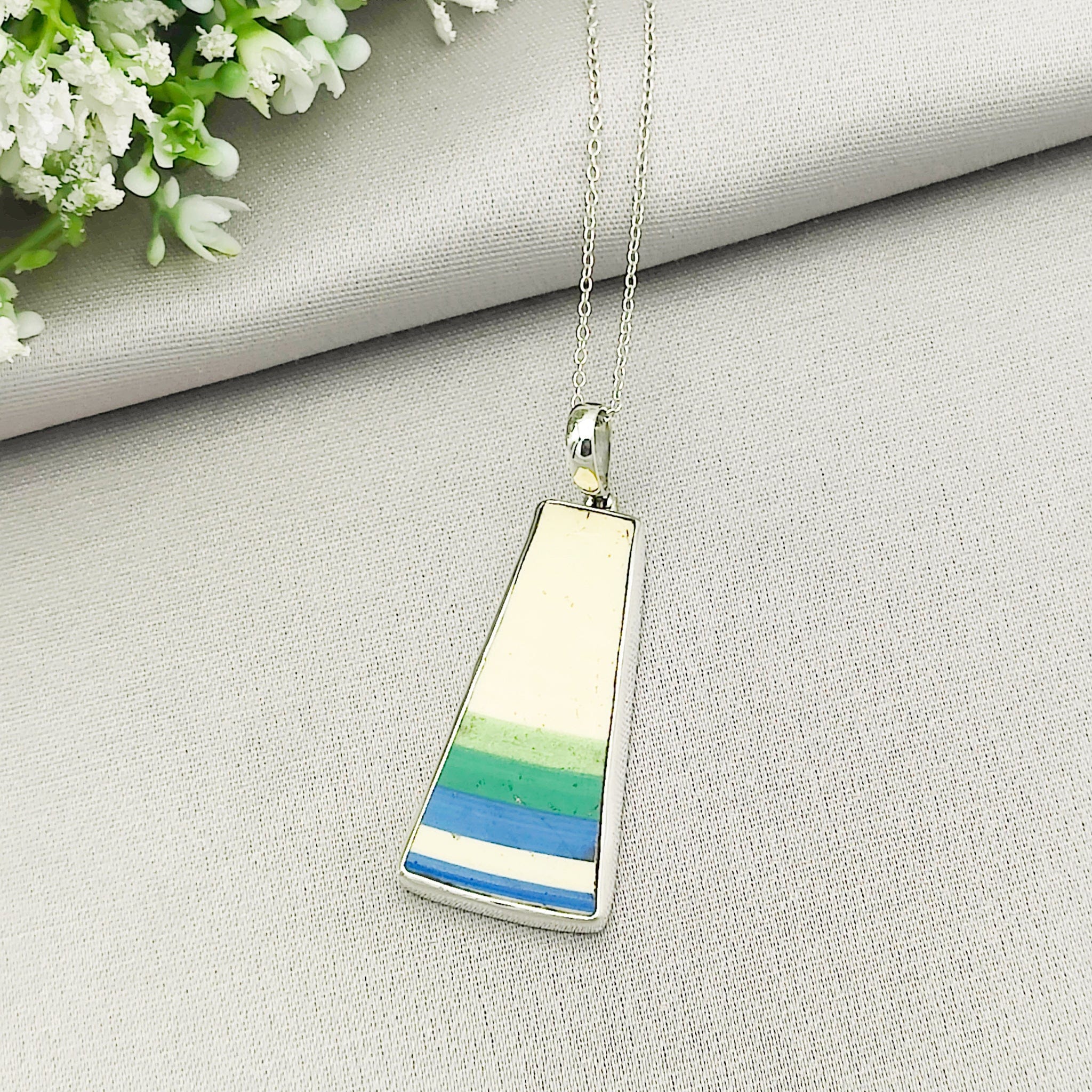 Hepburn and Hughes Art Deco Striped Pendant | Original Clarice Cliff Pottery in Sterling Silver