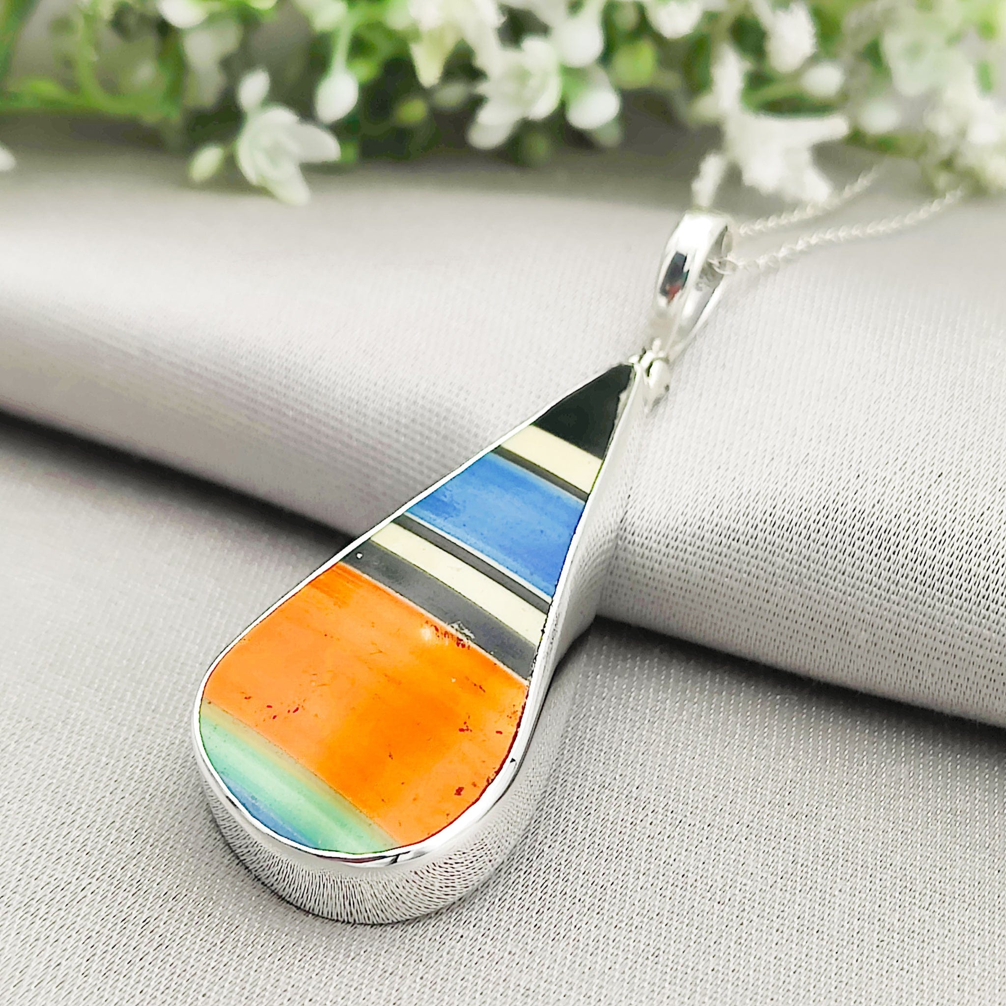 Hepburn and Hughes Art Deco Striped Pendant | Original Clarice Cliff Pottery in Sterling Silver