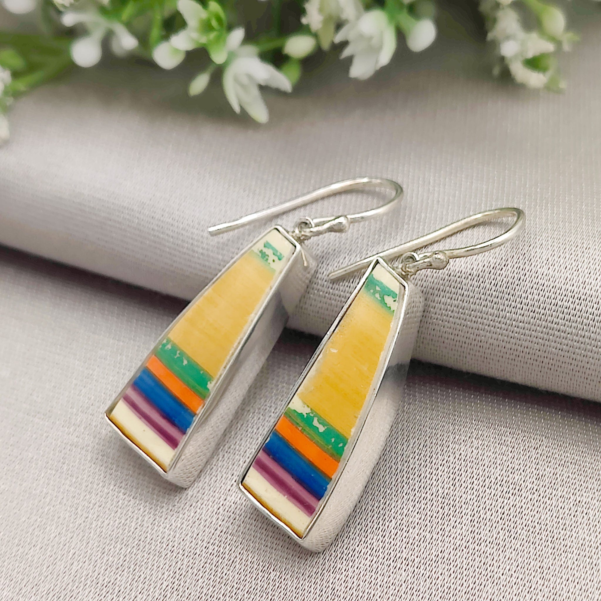 Hepburn and Hughes Art Deco Yellow Earrings | Original Clarice Cliff Pottery | Stripes | Sterling Silver