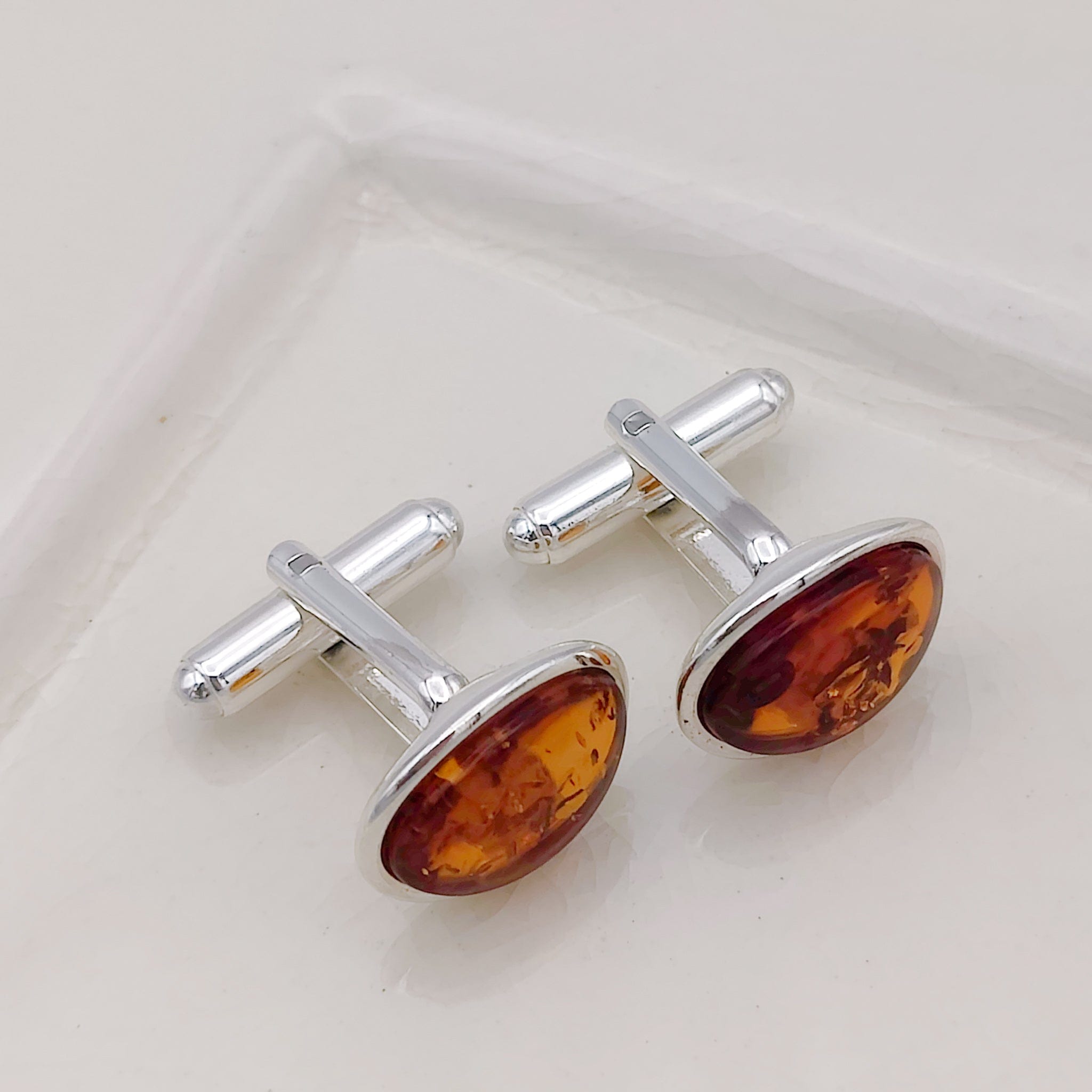 Hepburn and Hughes Baltic Amber Cufflinks | Oval | Sterling Silver