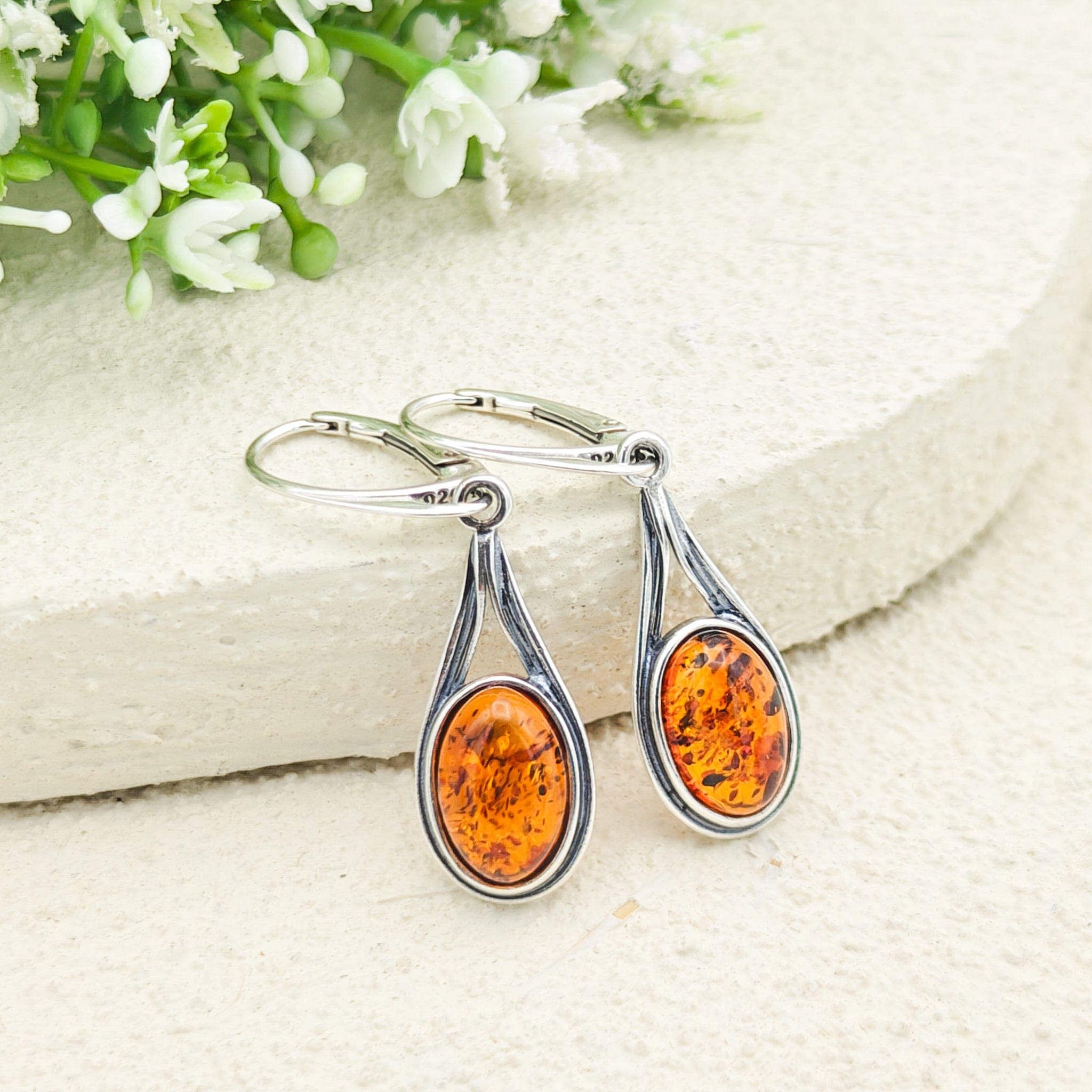 Hepburn and Hughes Baltic Amber Earrings, Oval with double frame in Sterling Silver