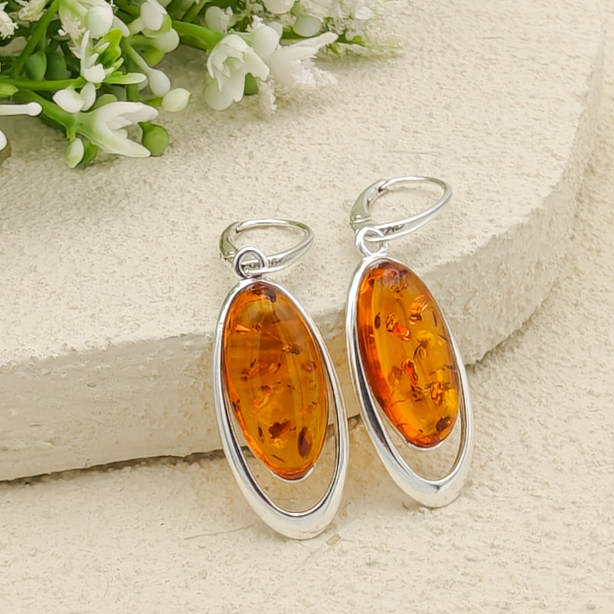 Hepburn and Hughes Baltic Amber Earrings | Pointed oval | Sterling Silver