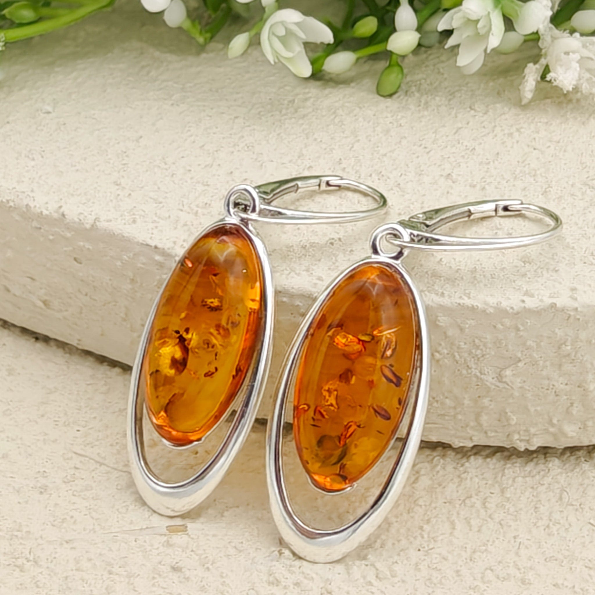 Hepburn and Hughes Baltic Amber Earrings | Pointed oval | Sterling Silver