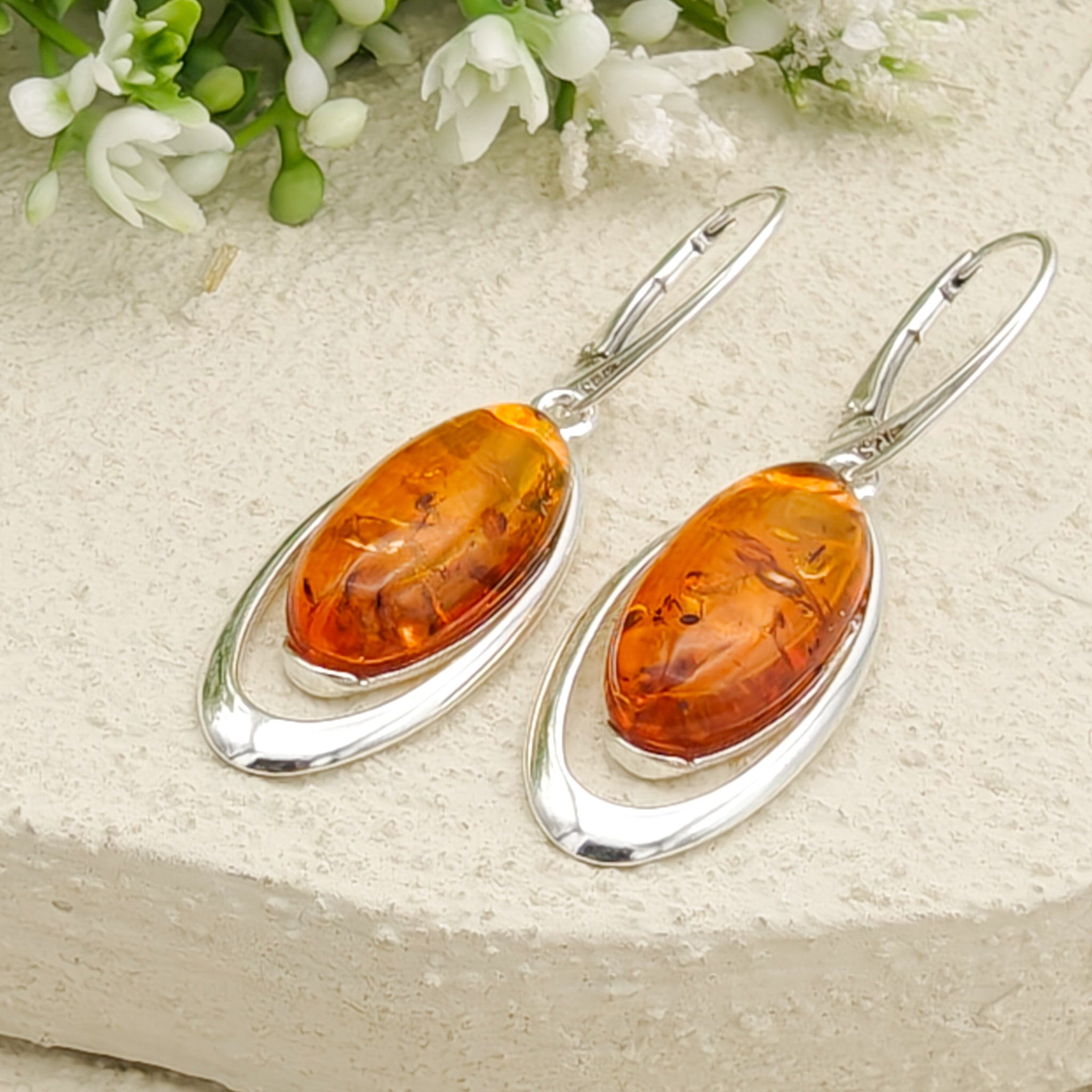 Hepburn and Hughes Baltic Amber Earrings | Pointed oval | Sterling Silver