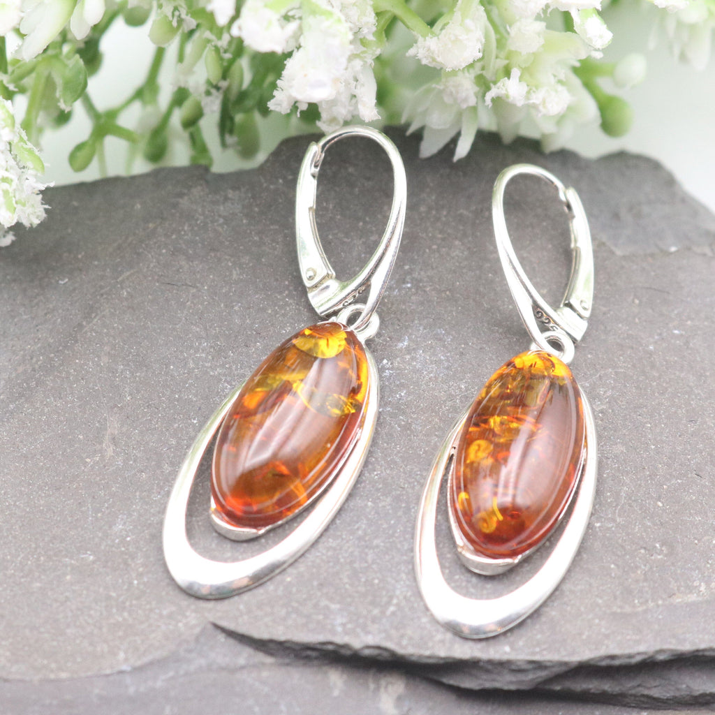 Hepburn and Hughes Baltic Amber Earrings | Pointed oval | Sterling Silver