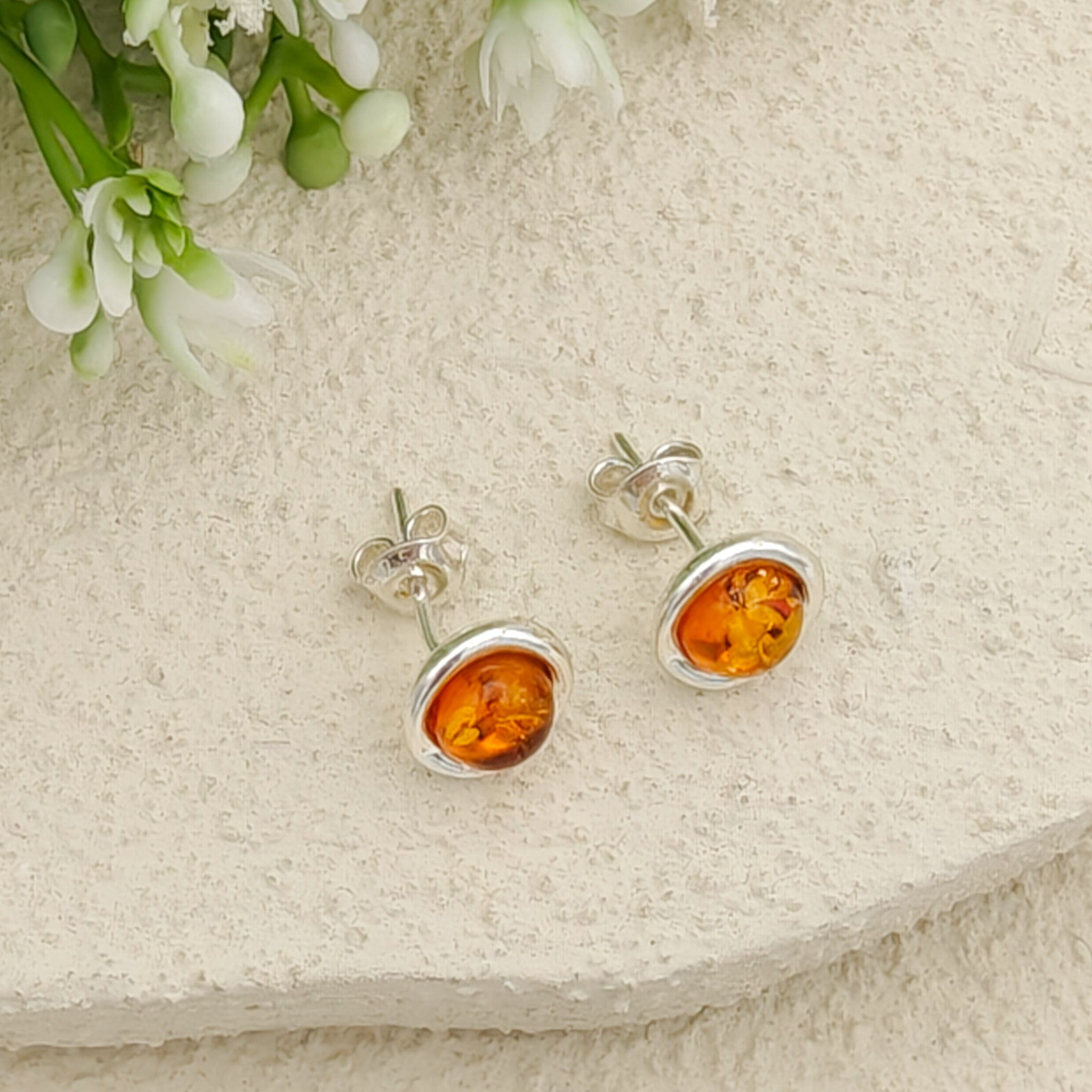 Hepburn and Hughes Baltic Amber Earrings | Round 8mm Studs | Sterling Silver
