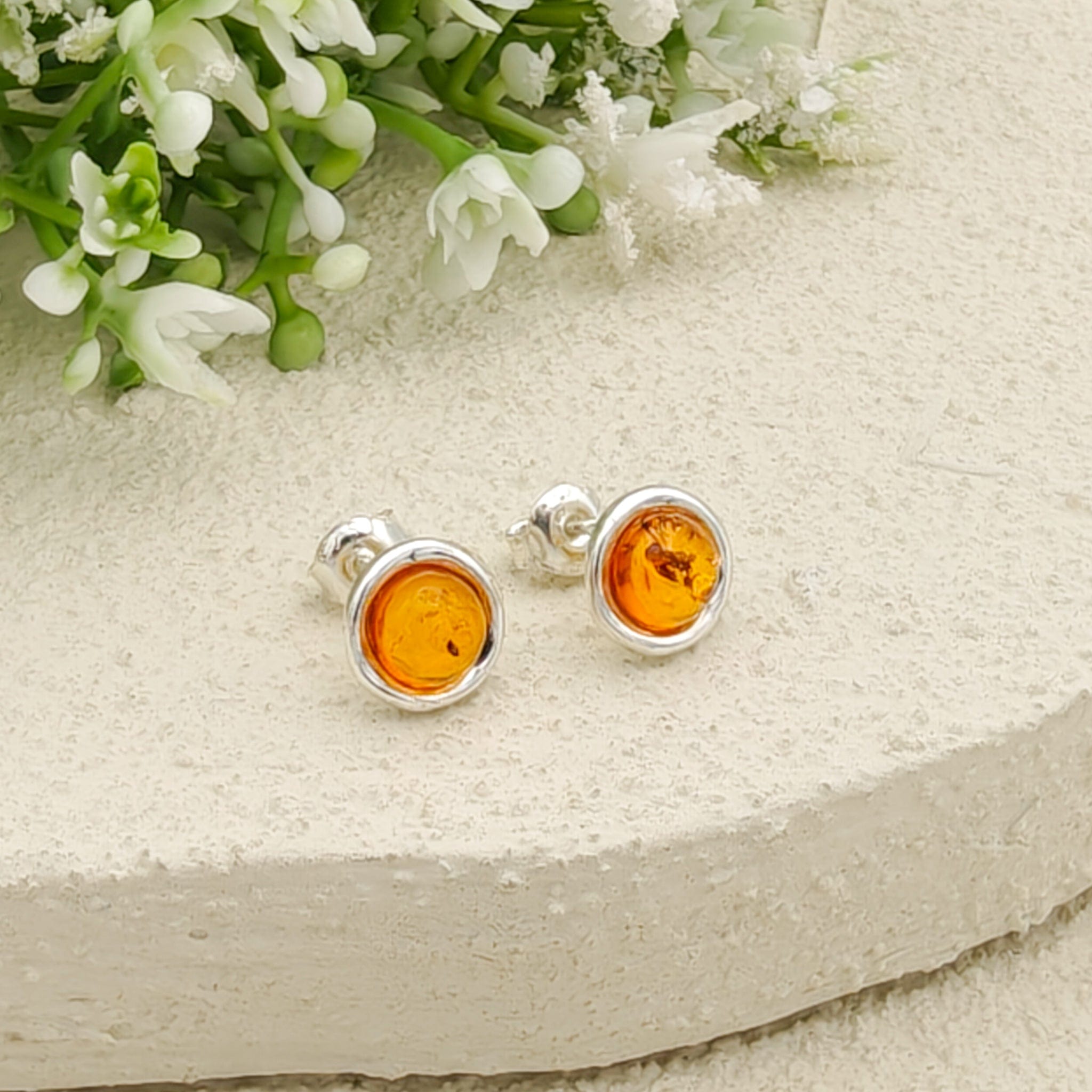 Hepburn and Hughes Baltic Amber Earrings | Round 8mm Studs | Sterling Silver