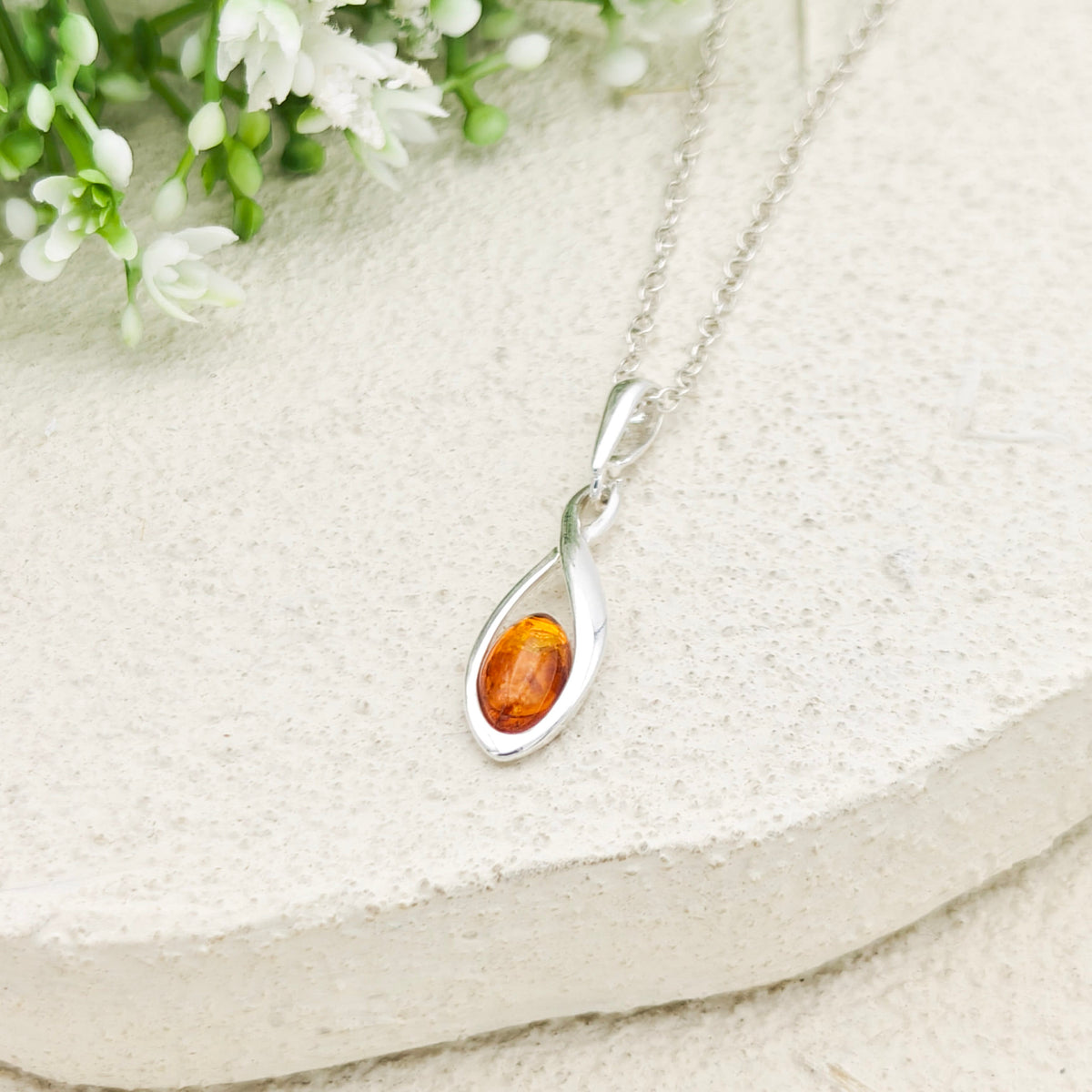 Hepburn and Hughes Baltic Amber Pendant | 20mm hanging Oval | Sterling Silver