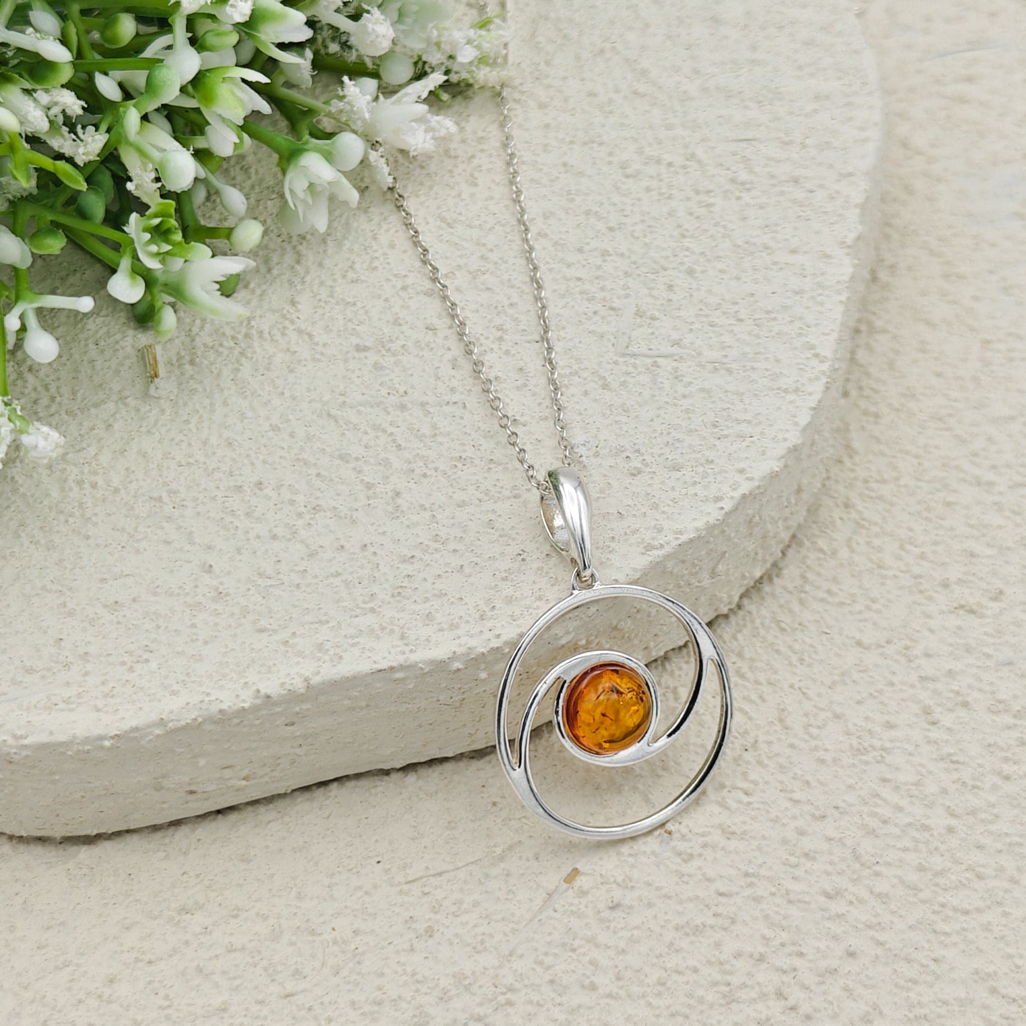 Hepburn and Hughes Baltic Amber Pendant | 22m Round Swirl | November Gift | Sterling Silver