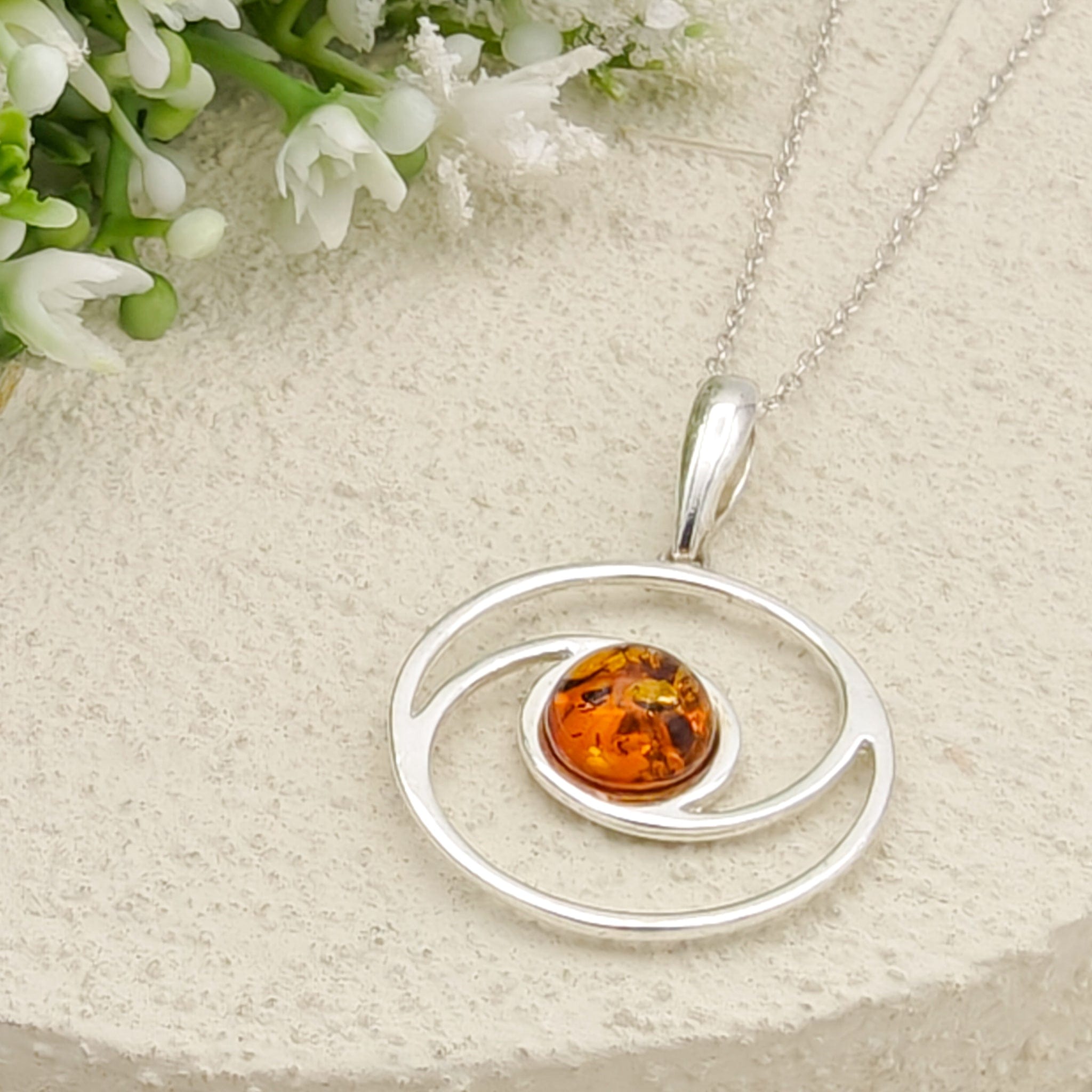 Hepburn and Hughes Baltic Amber Pendant | 22m Round Swirl | November Gift | Sterling Silver