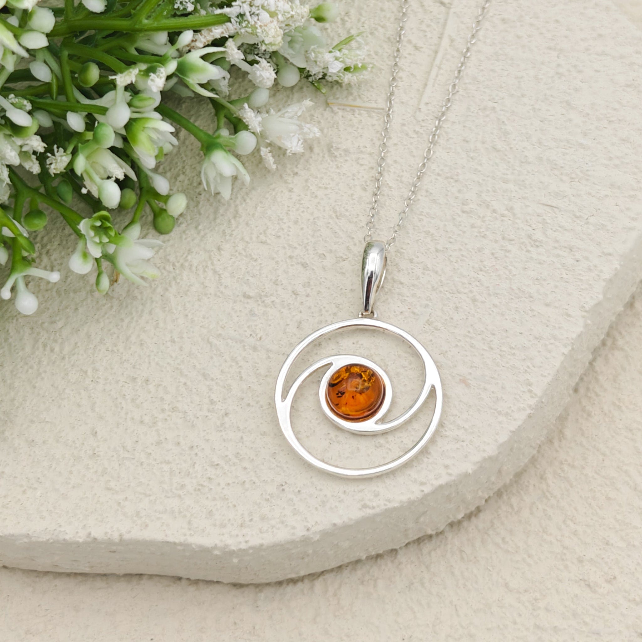 Hepburn and Hughes Baltic Amber Pendant | 22m Round Swirl | November Gift | Sterling Silver