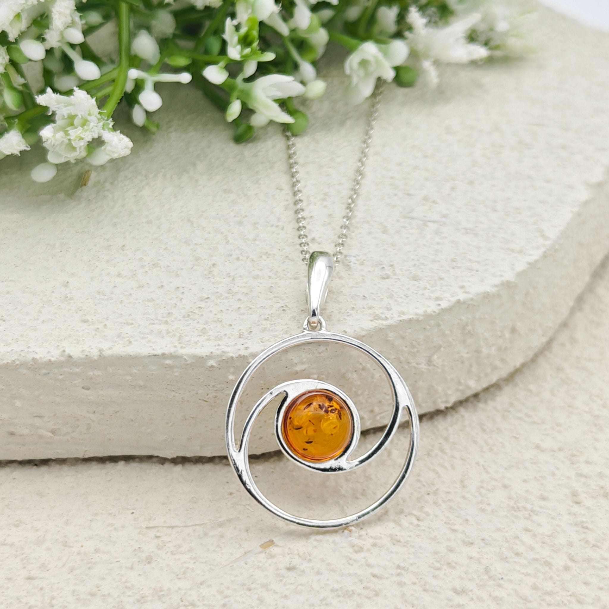 Hepburn and Hughes Baltic Amber Pendant | 22m Round Swirl | November Gift | Sterling Silver
