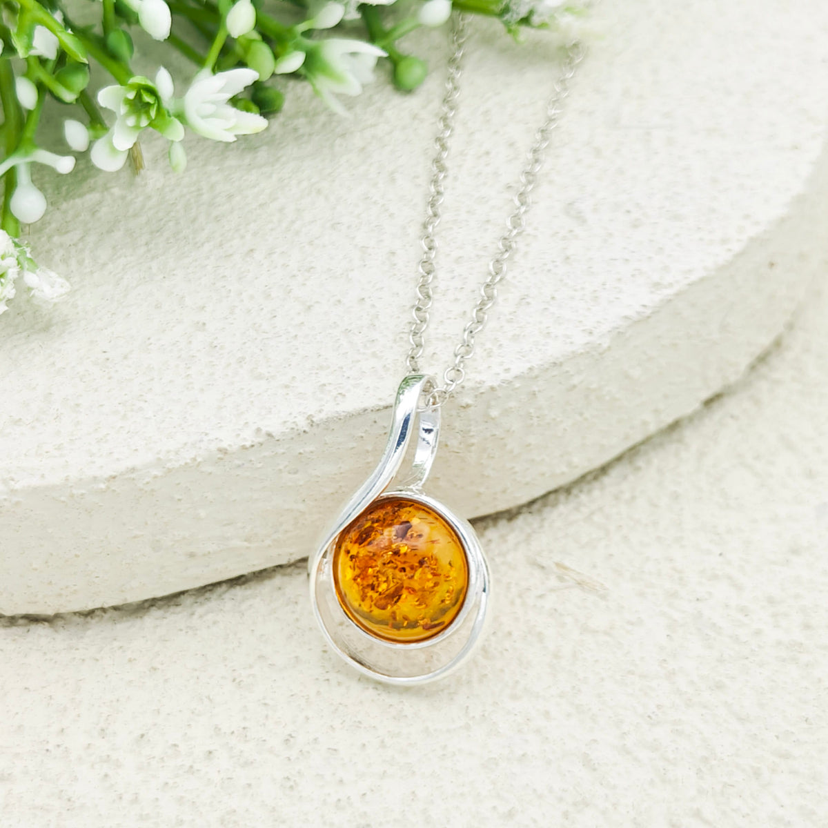 Hepburn and Hughes Baltic Amber Pendant | 22m Round Swirl | November Gift | Sterling Silver
