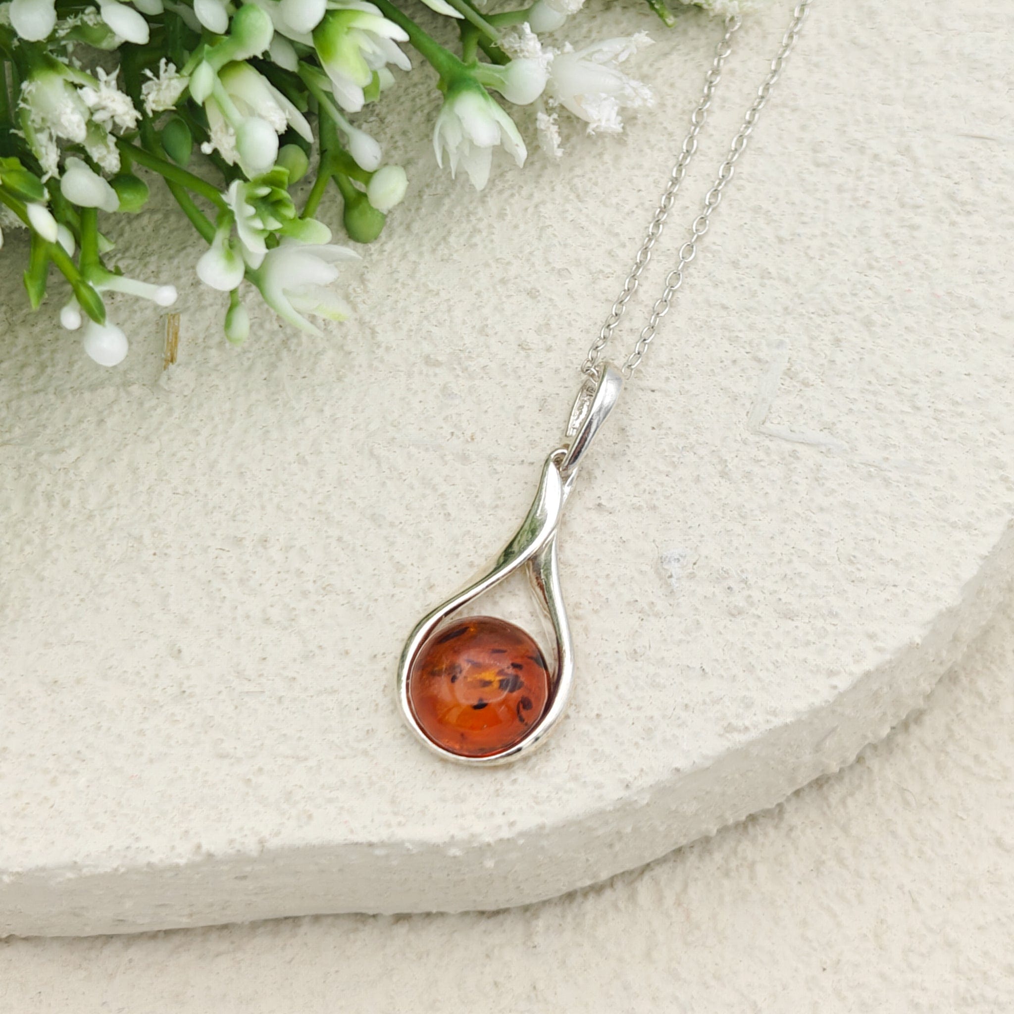 Hepburn and Hughes Baltic Amber Pendant | 25mm hanging Amber | Sterling Silver