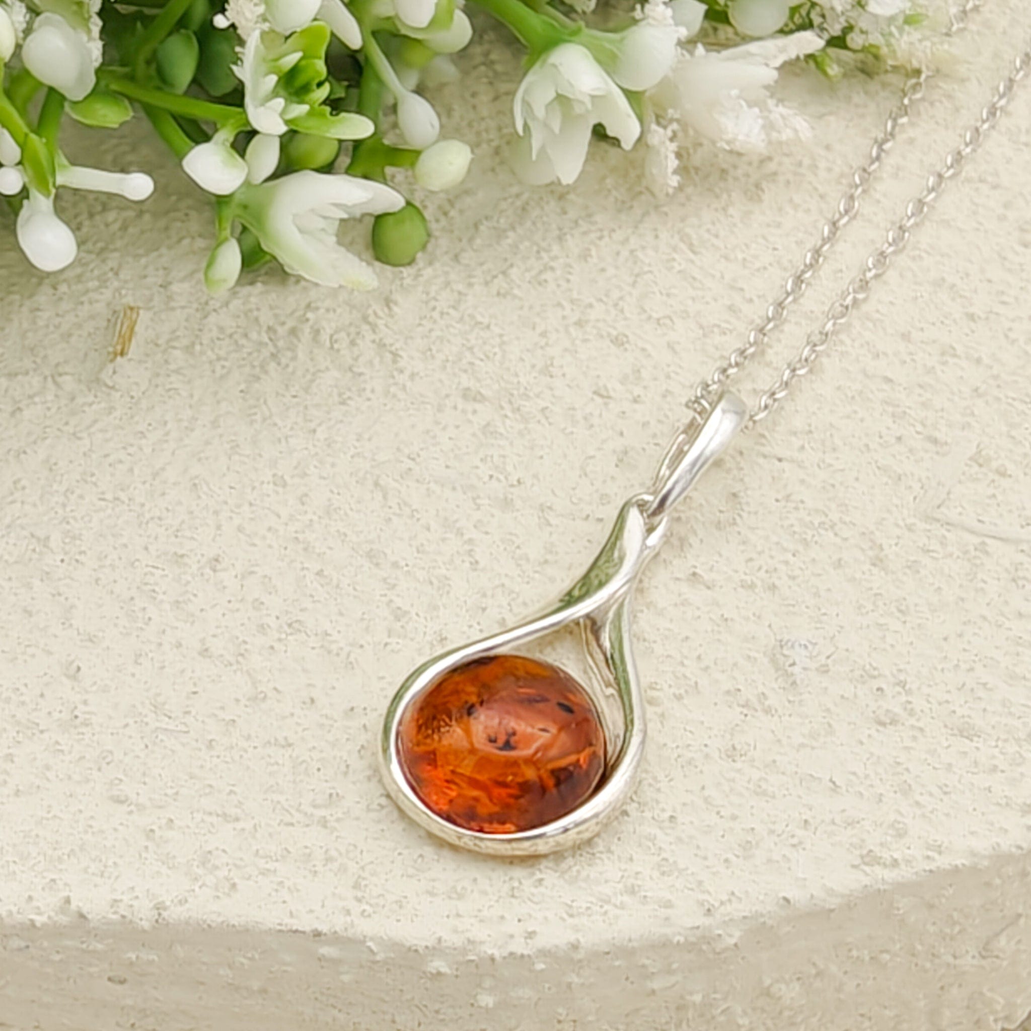 Hepburn and Hughes Baltic Amber Pendant | 25mm hanging Amber | Sterling Silver
