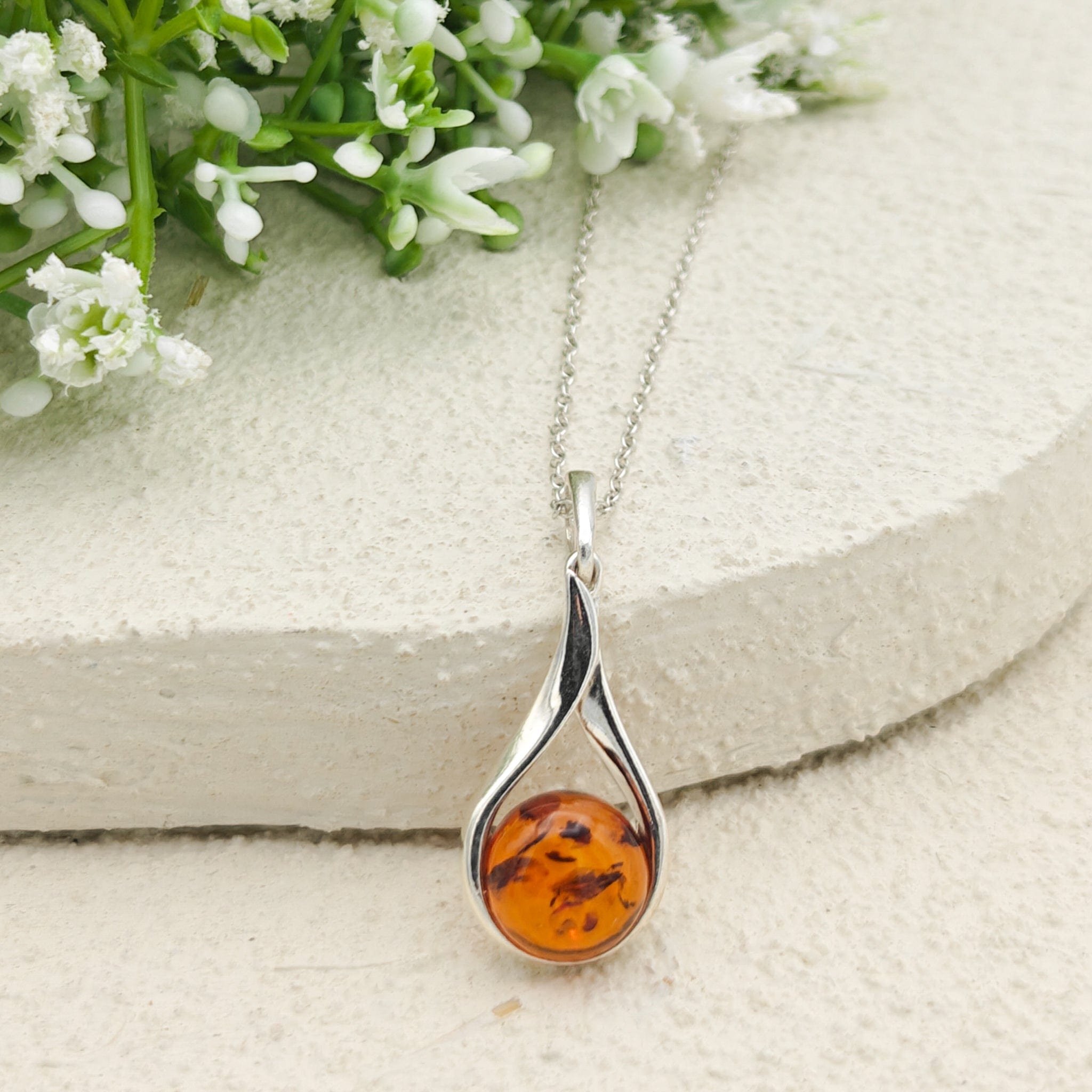 Hepburn and Hughes Baltic Amber Pendant | 25mm hanging Amber | Sterling Silver