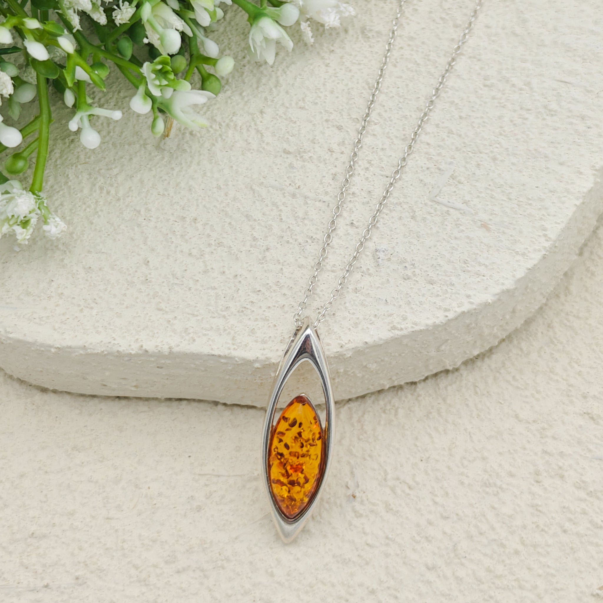 Hepburn and Hughes Baltic Amber Pendant | 35mm Long Oval | Sterling Silver