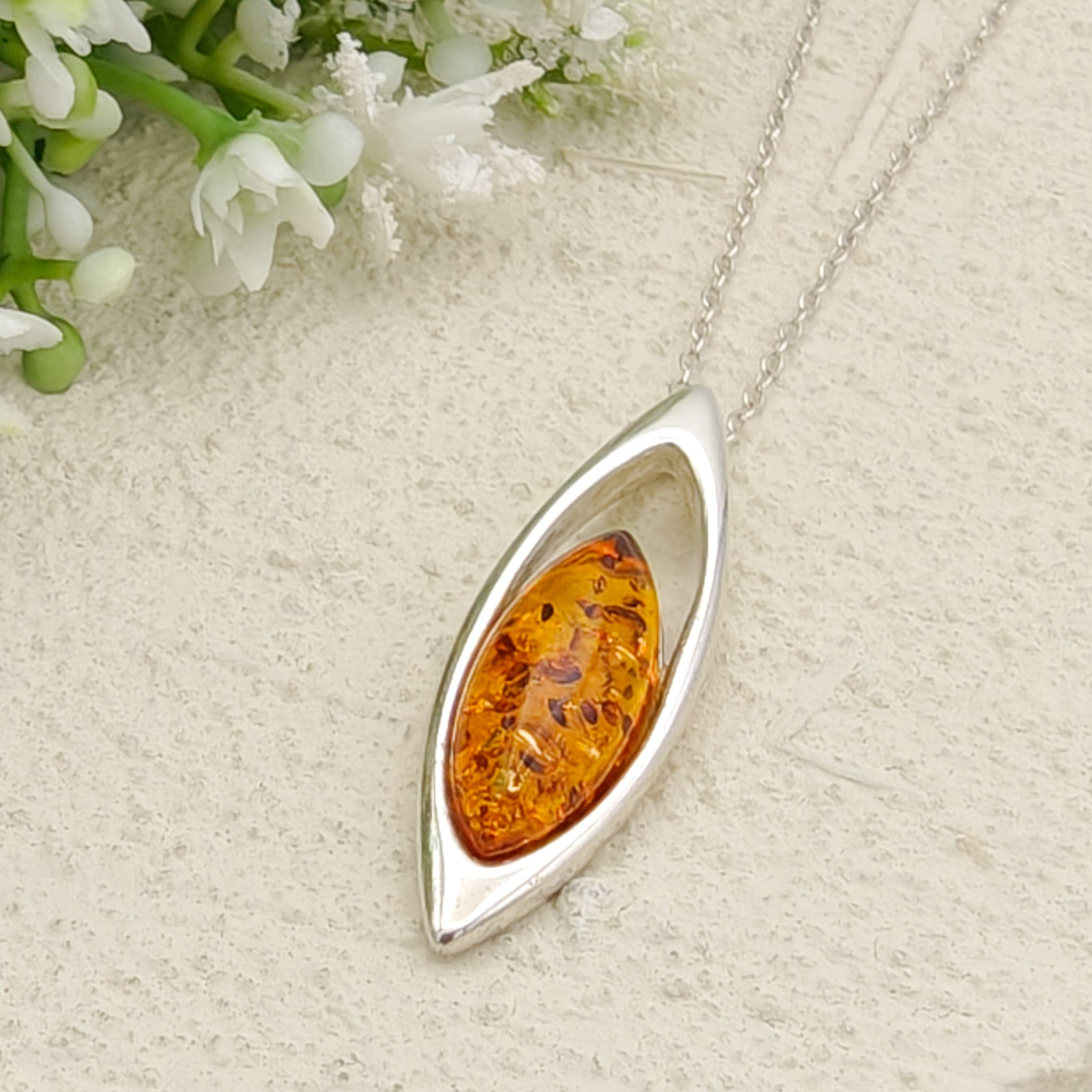 Hepburn and Hughes Baltic Amber Pendant | 35mm Long Oval | Sterling Silver