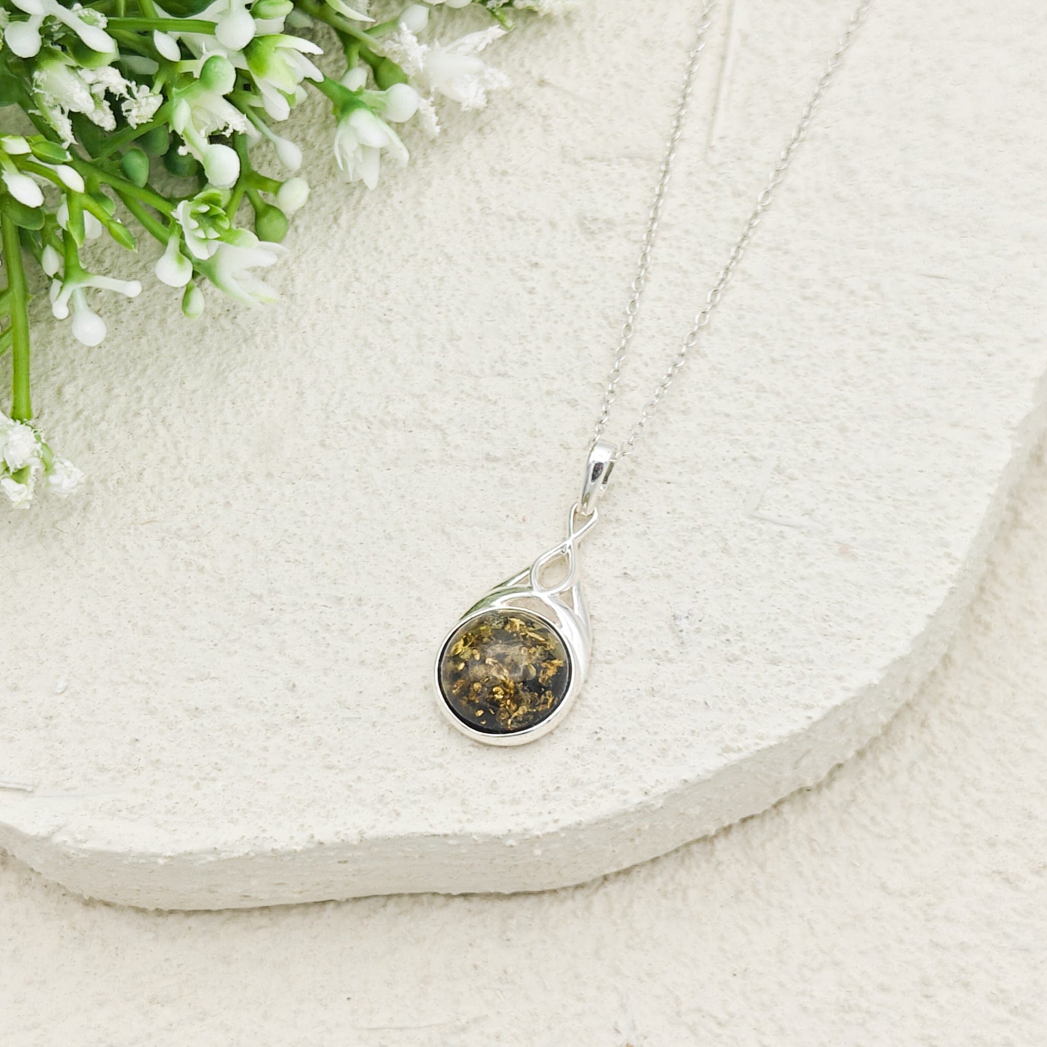 Hepburn and Hughes Baltic Amber Pendant | Cognac or Green | Circular | Sterling Silver