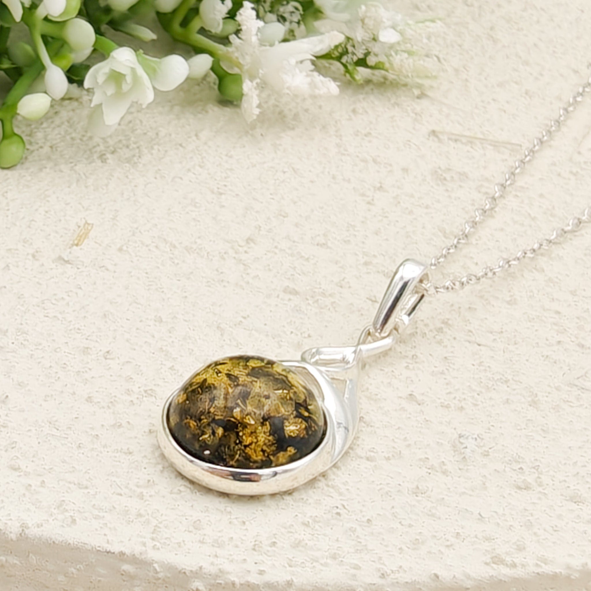 Hepburn and Hughes Baltic Amber Pendant | Cognac or Green | Circular | Sterling Silver