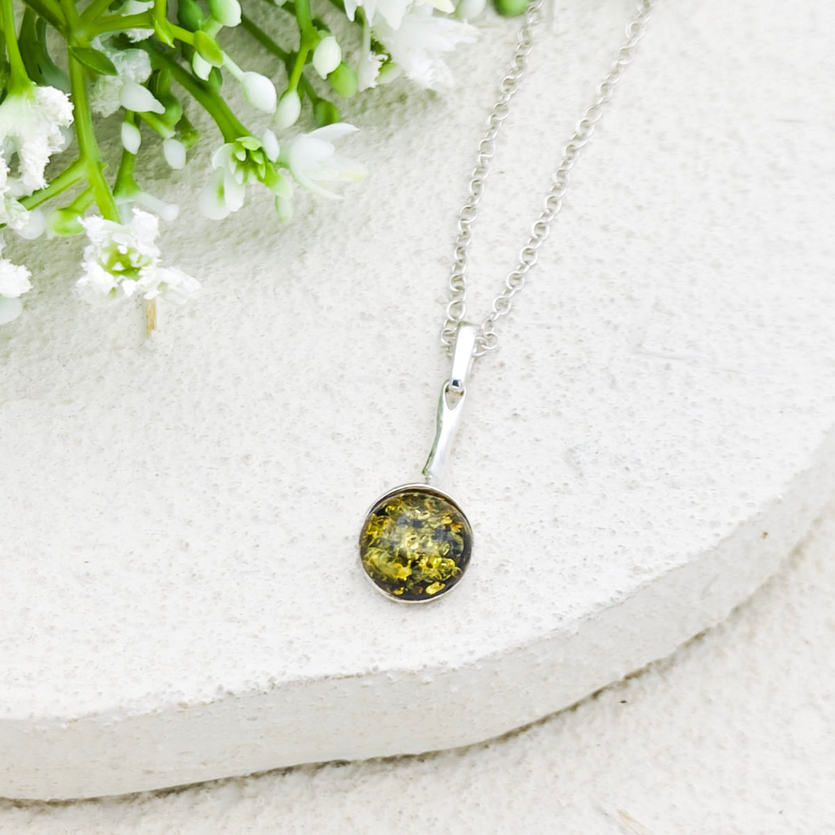 Hepburn and Hughes Baltic Amber Pendant | Cognac or Green | Circular | Sterling Silver