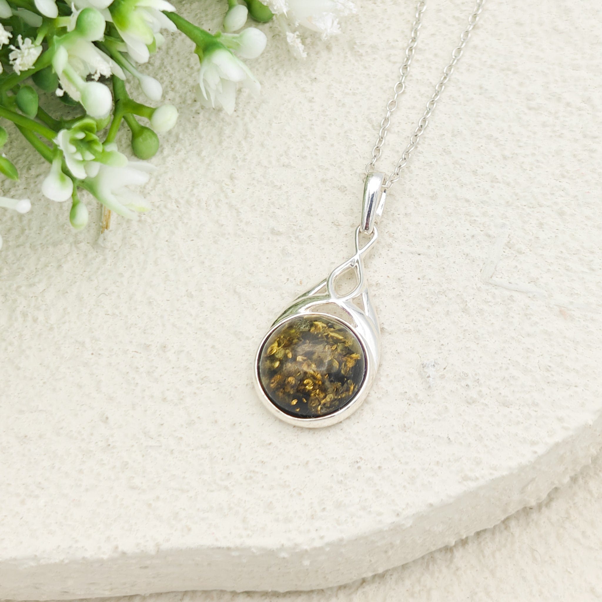 Hepburn and Hughes Baltic Amber Pendant | Cognac or Green | Circular | Sterling Silver