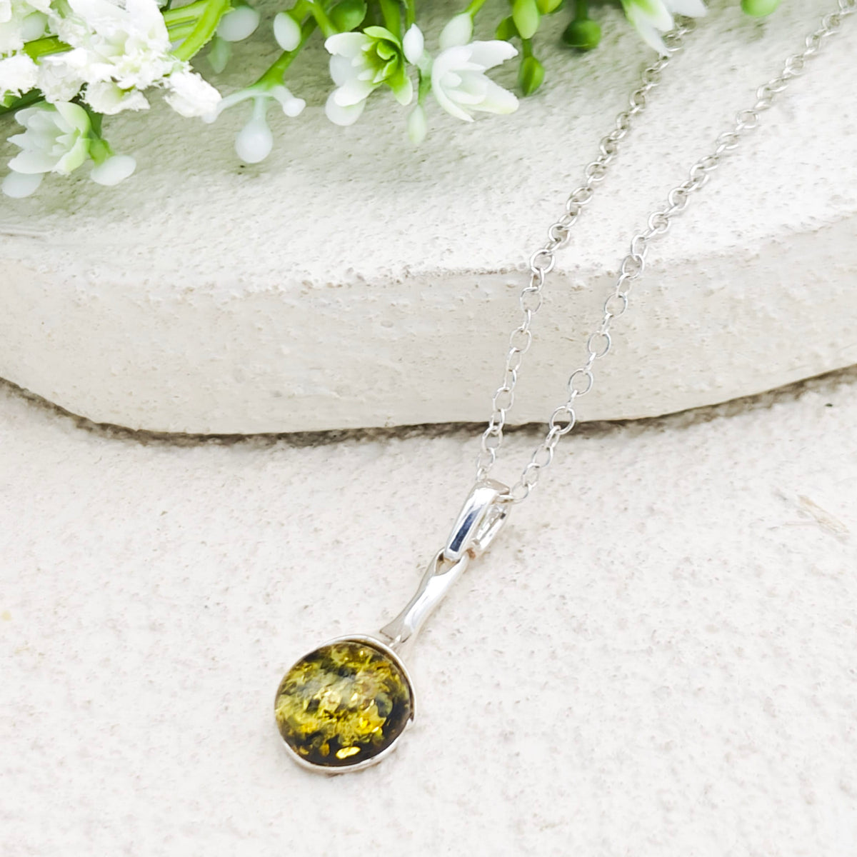Hepburn and Hughes Baltic Amber Pendant | Cognac or Green | Circular | Sterling Silver