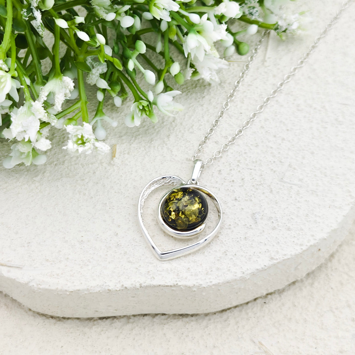 Hepburn and Hughes Baltic Amber Pendant | Heart Shaped Anniversary Gift | Sterling Silver
