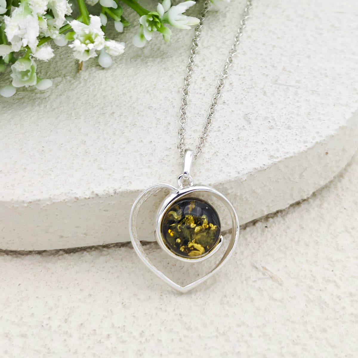 Hepburn and Hughes Baltic Amber Pendant | Heart Shaped Anniversary Gift | Sterling Silver