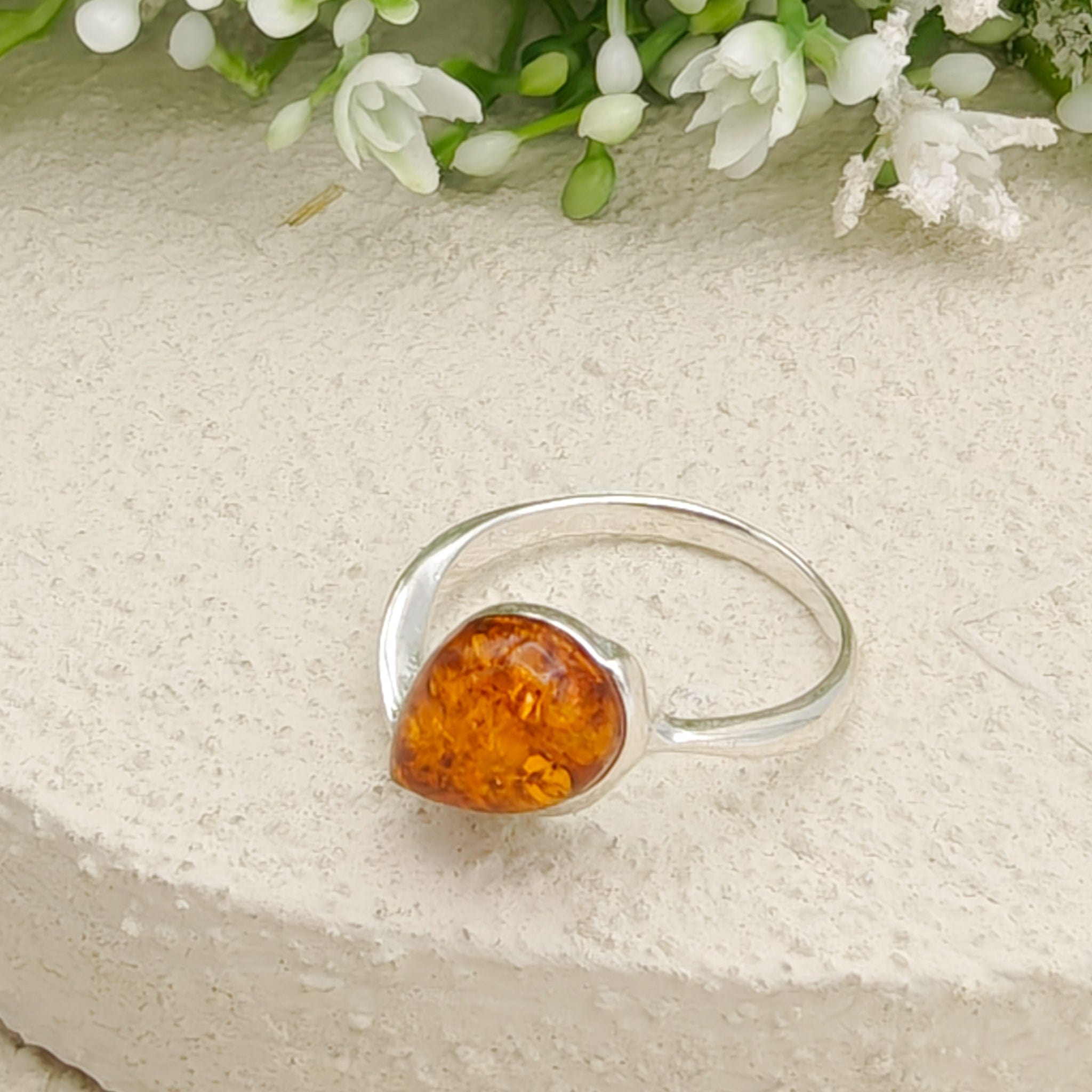 Hepburn and Hughes Baltic Amber Ring, Pear in Sterling Silver