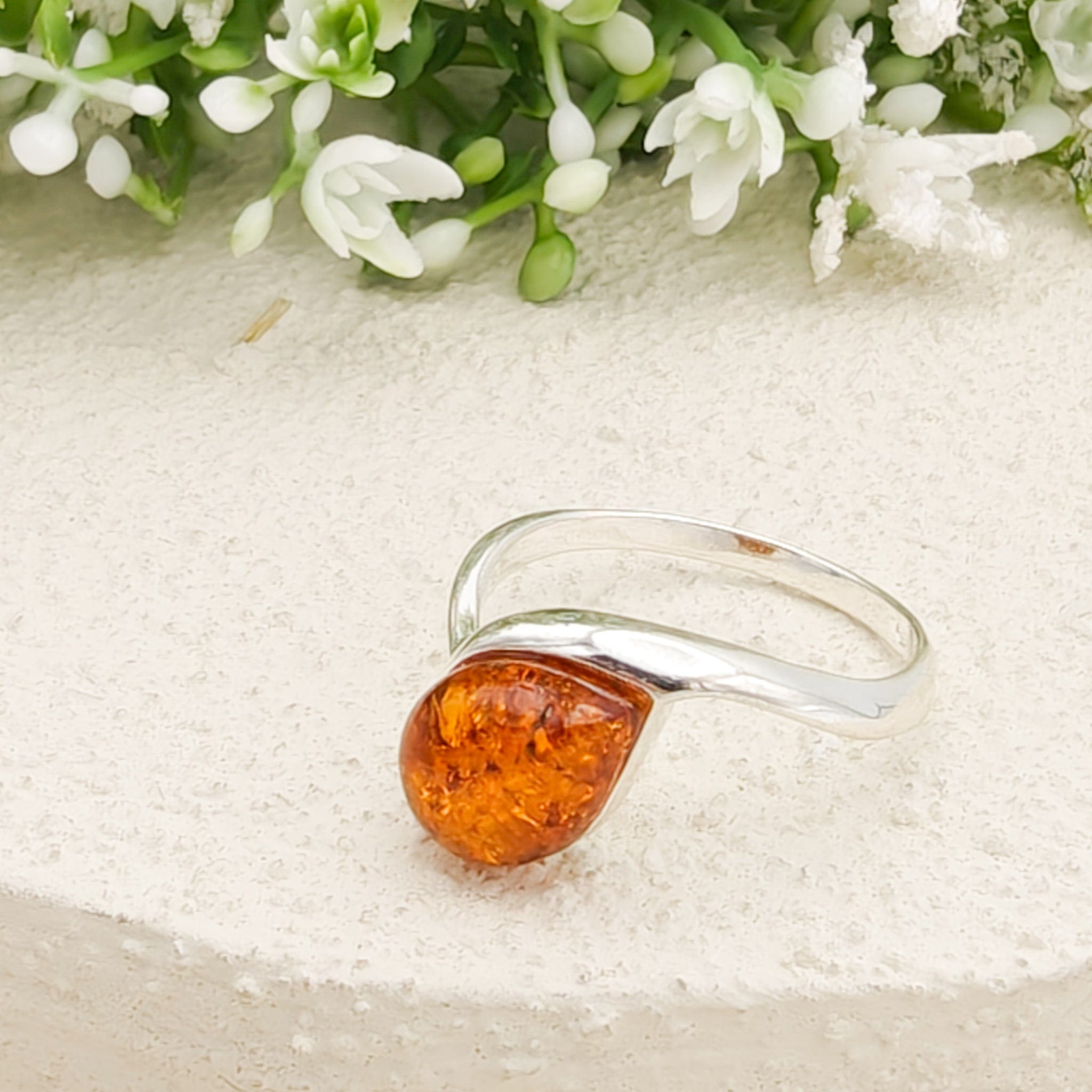 Hepburn and Hughes Baltic Amber Ring, Pear in Sterling Silver