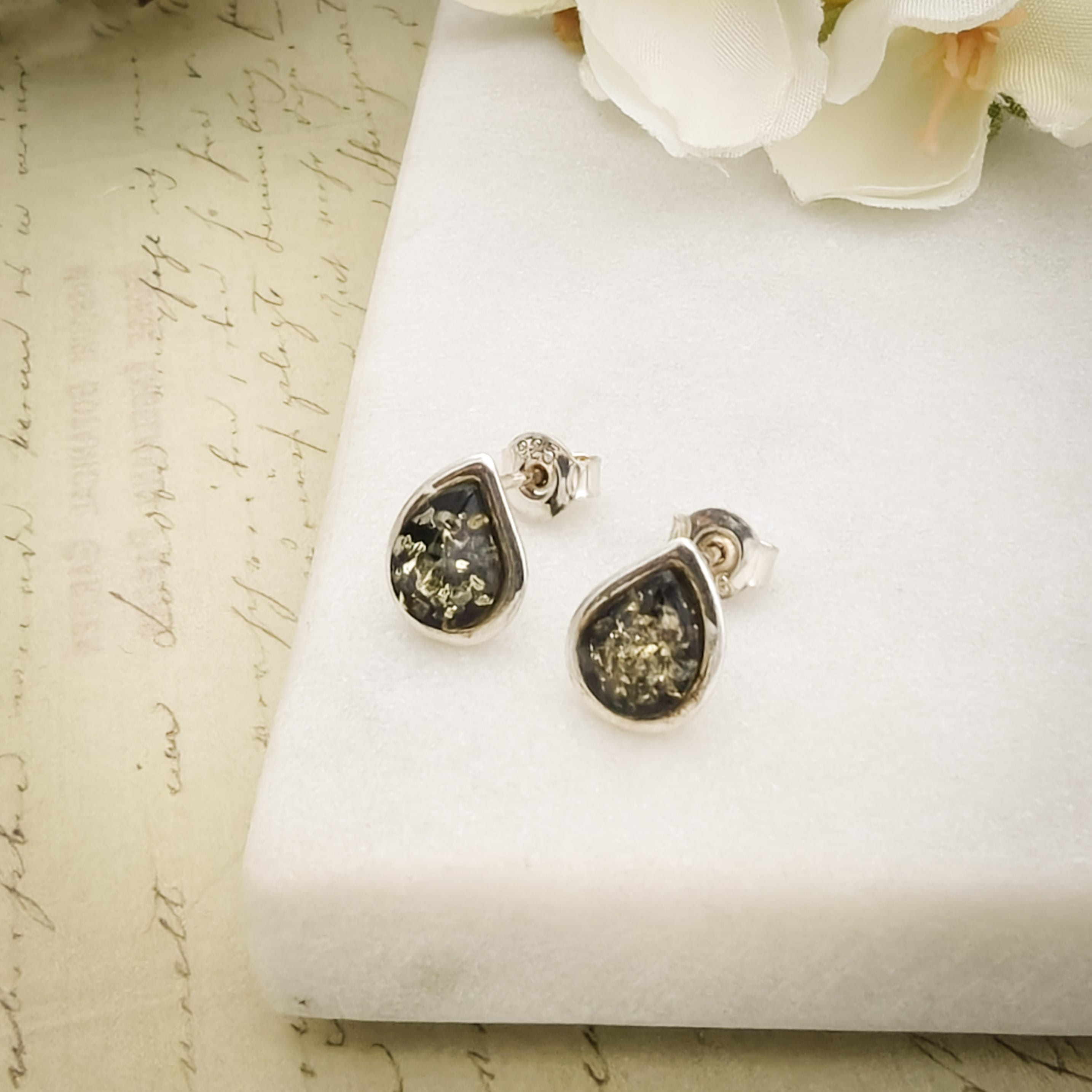 Hepburn and Hughes Baltic Green Amber Earrings | Studs | Sterling Silver