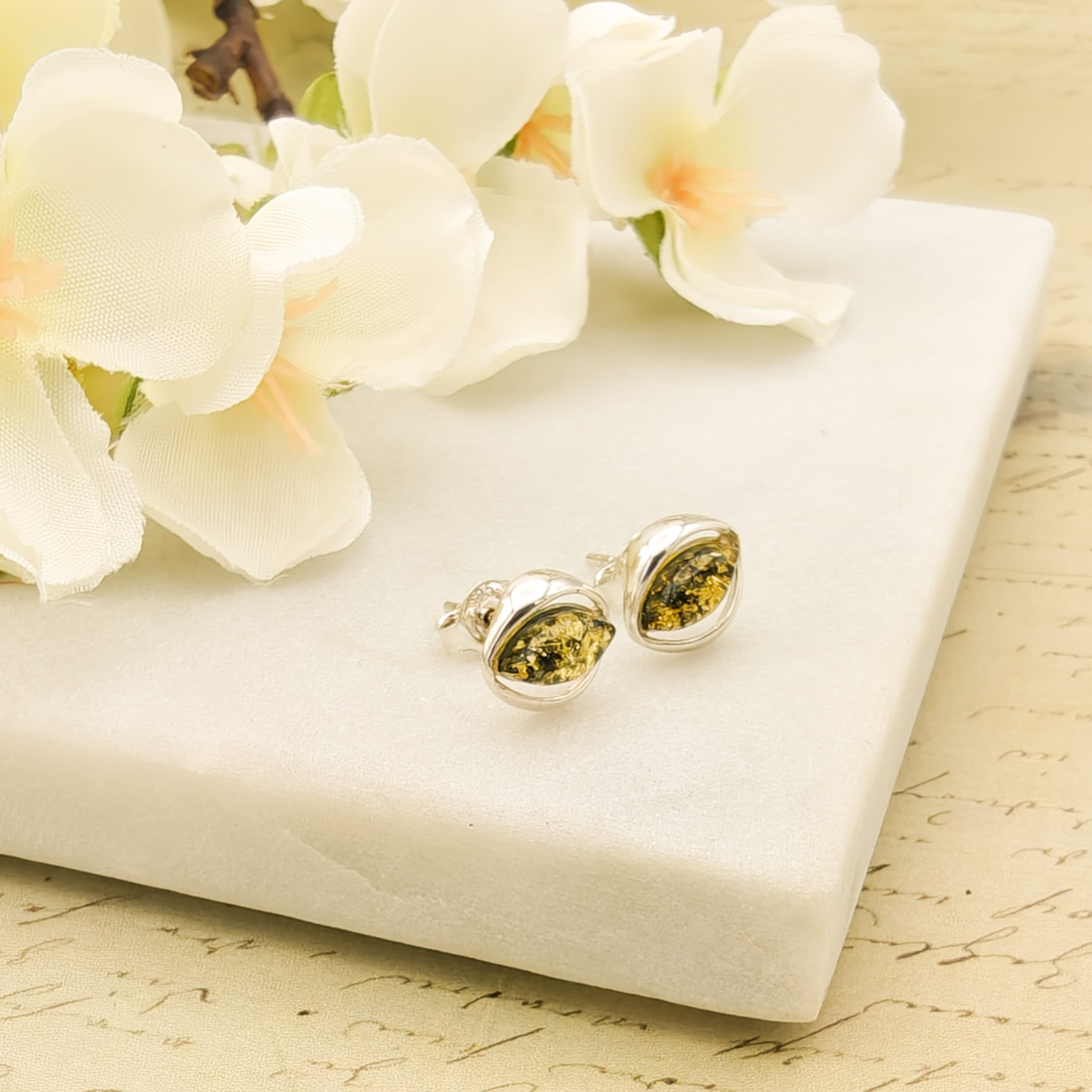 Hepburn and Hughes Baltic Green Amber Earrings | Studs | Sterling Silver