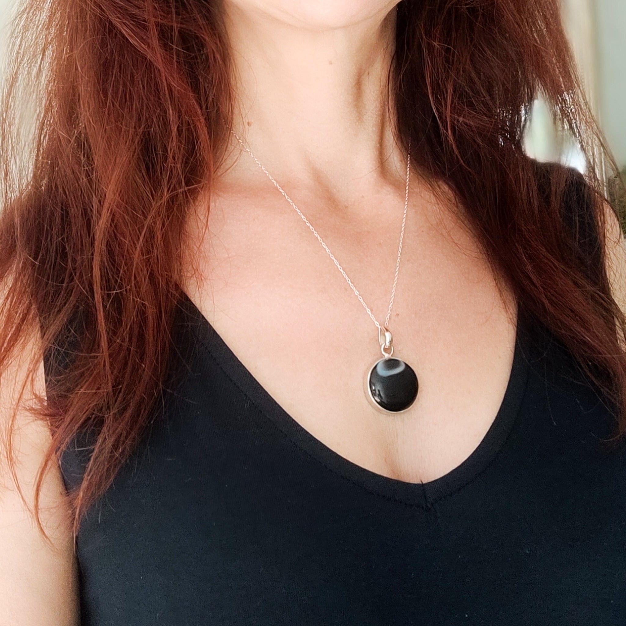 Hepburn and Hughes Banded Black Onyx Pendant | 22mm diameter| July Gift | Sterling Silver