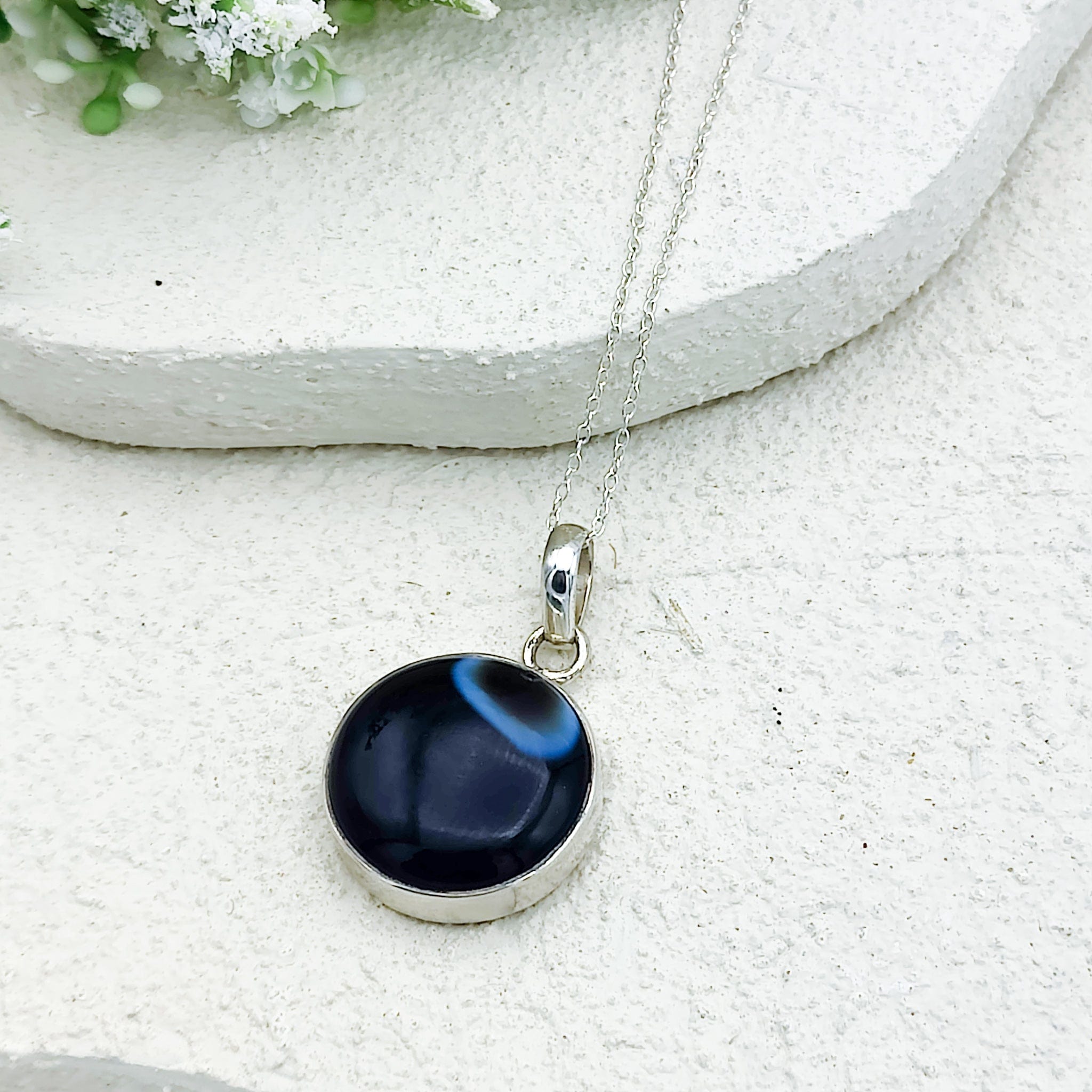 Hepburn and Hughes Banded Black Onyx Pendant | 25mm Curved triangle | Sterling Silver