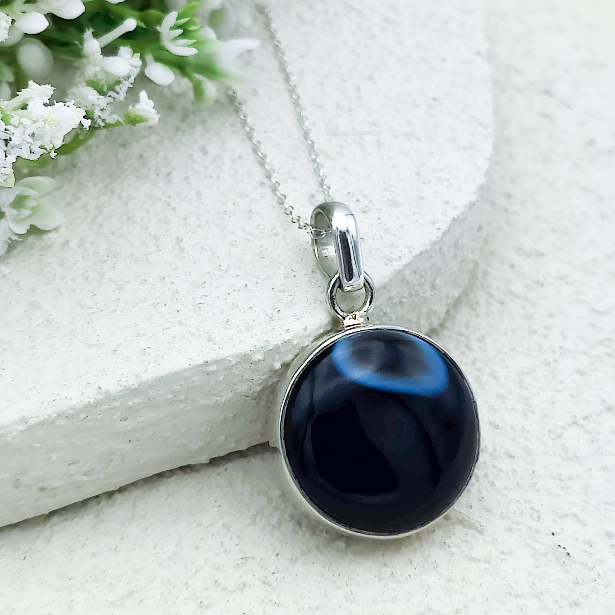 Hepburn and Hughes Banded Black Onyx Pendant | 25mm Curved triangle | Sterling Silver