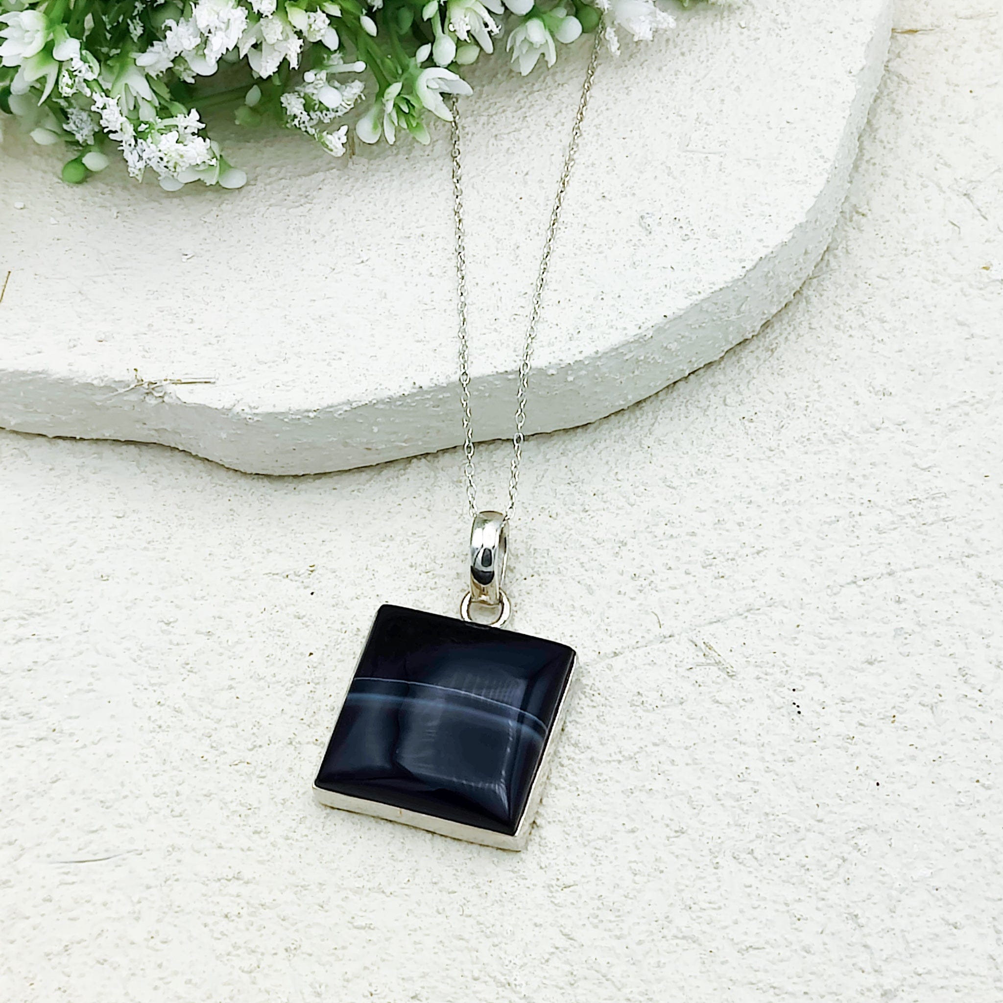 Hepburn and Hughes Banded Black Onyx Pendant | 25mm Square | Sterling Silver