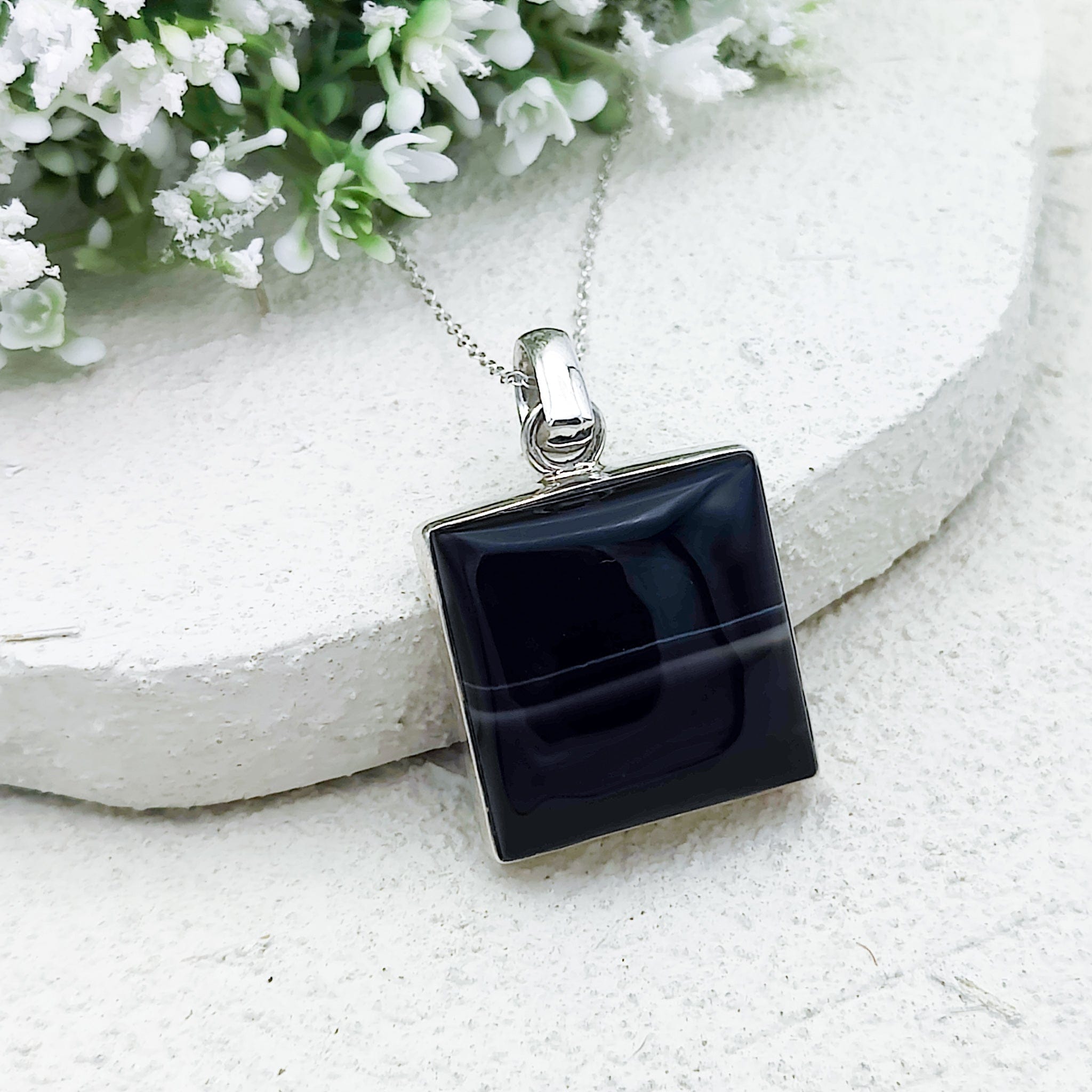 Hepburn and Hughes Banded Black Onyx Pendant | 25mm Square | Sterling Silver