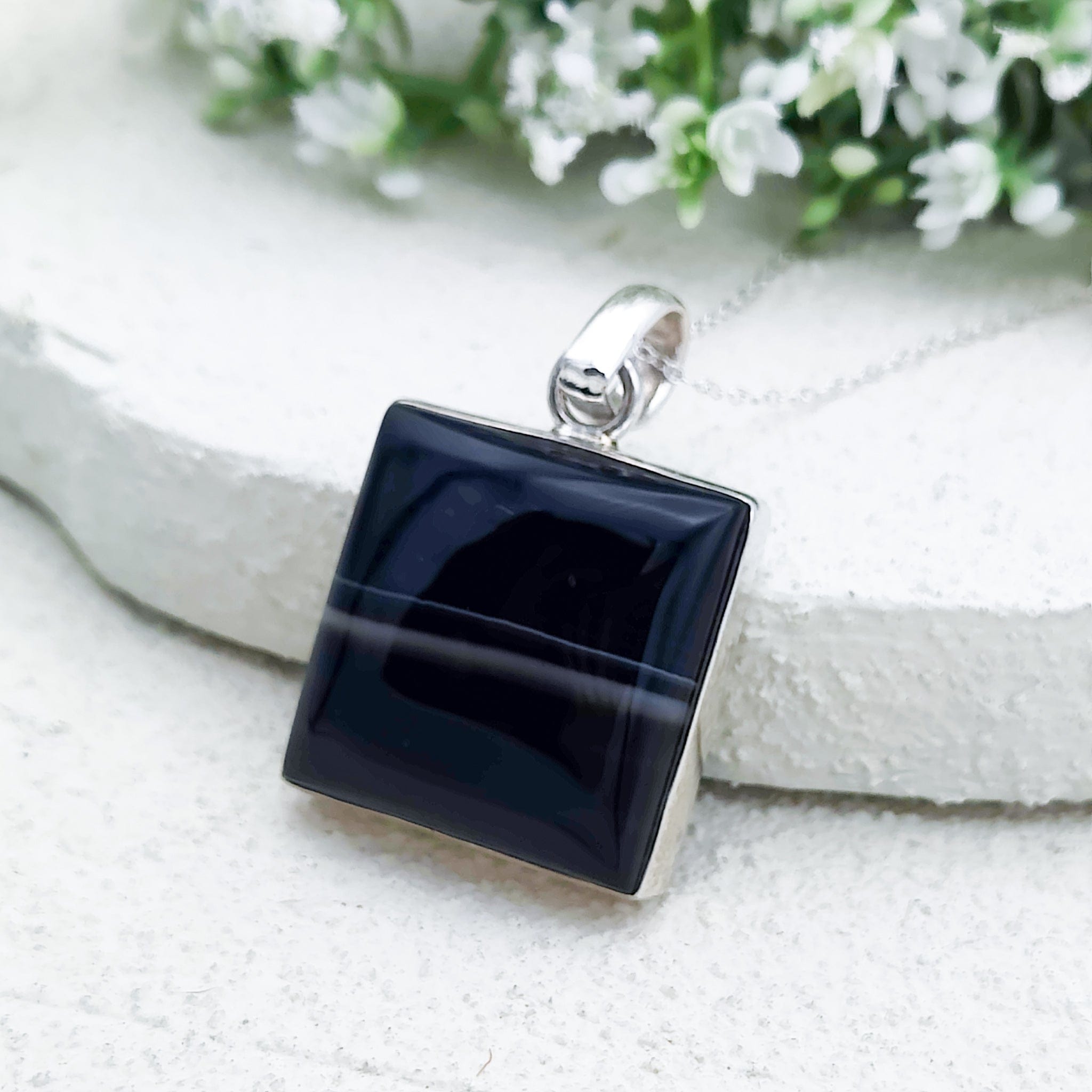 Hepburn and Hughes Banded Black Onyx Pendant | 25mm Square | Sterling Silver