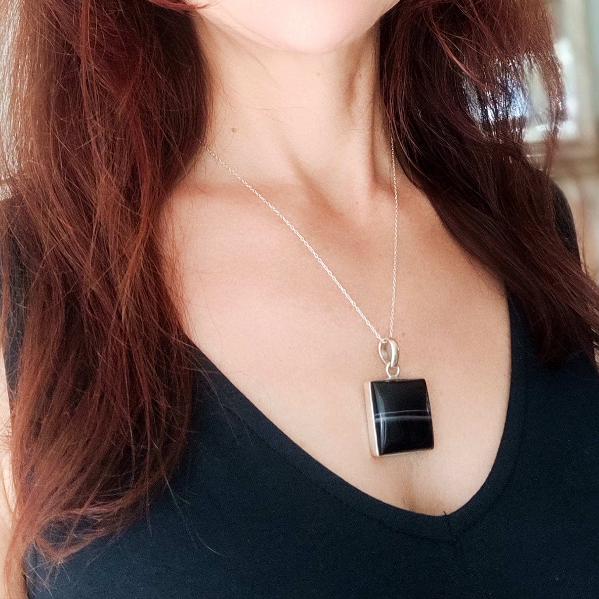 Hepburn and Hughes Banded Black Onyx Pendant | 25mm Square | Sterling Silver