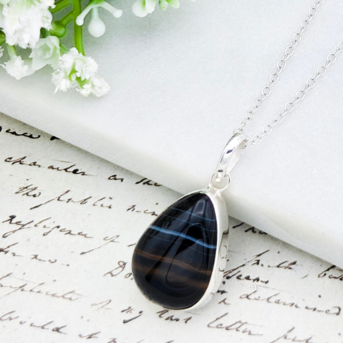 Hepburn and Hughes Banded Black Onyx Pendant | 25mm Teardrop | Leo Gift | Sterling Silver
