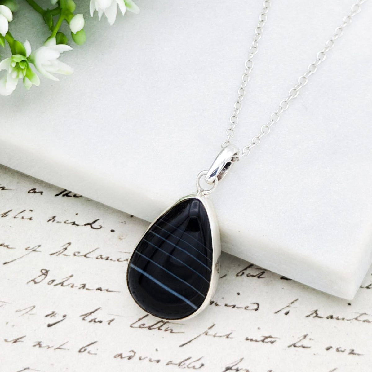 Hepburn and Hughes Banded Black Onyx Pendant | 25mm Teardrop | Leo Gift | Sterling Silver
