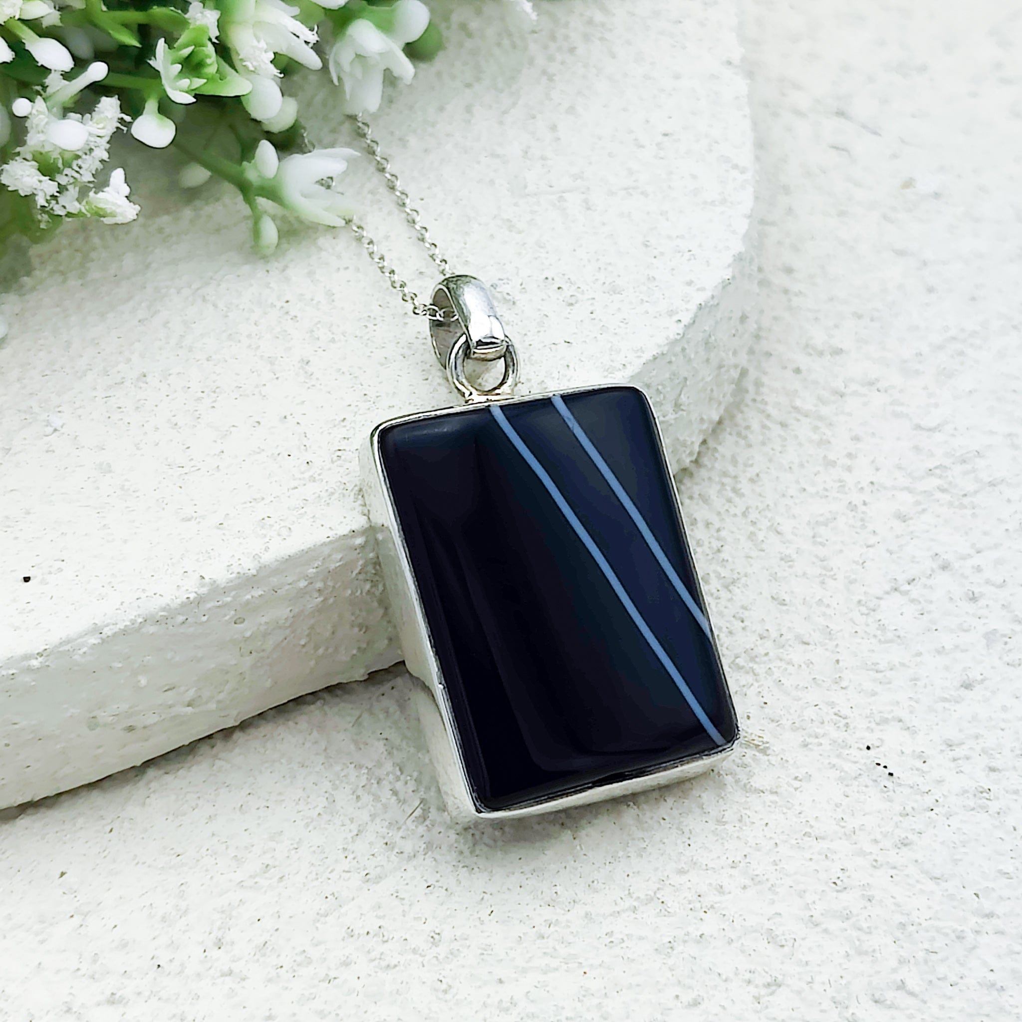 Hepburn and Hughes Banded Black Onyx Pendant | 30mm Rectangle | July Birthstone | Sterling Silver