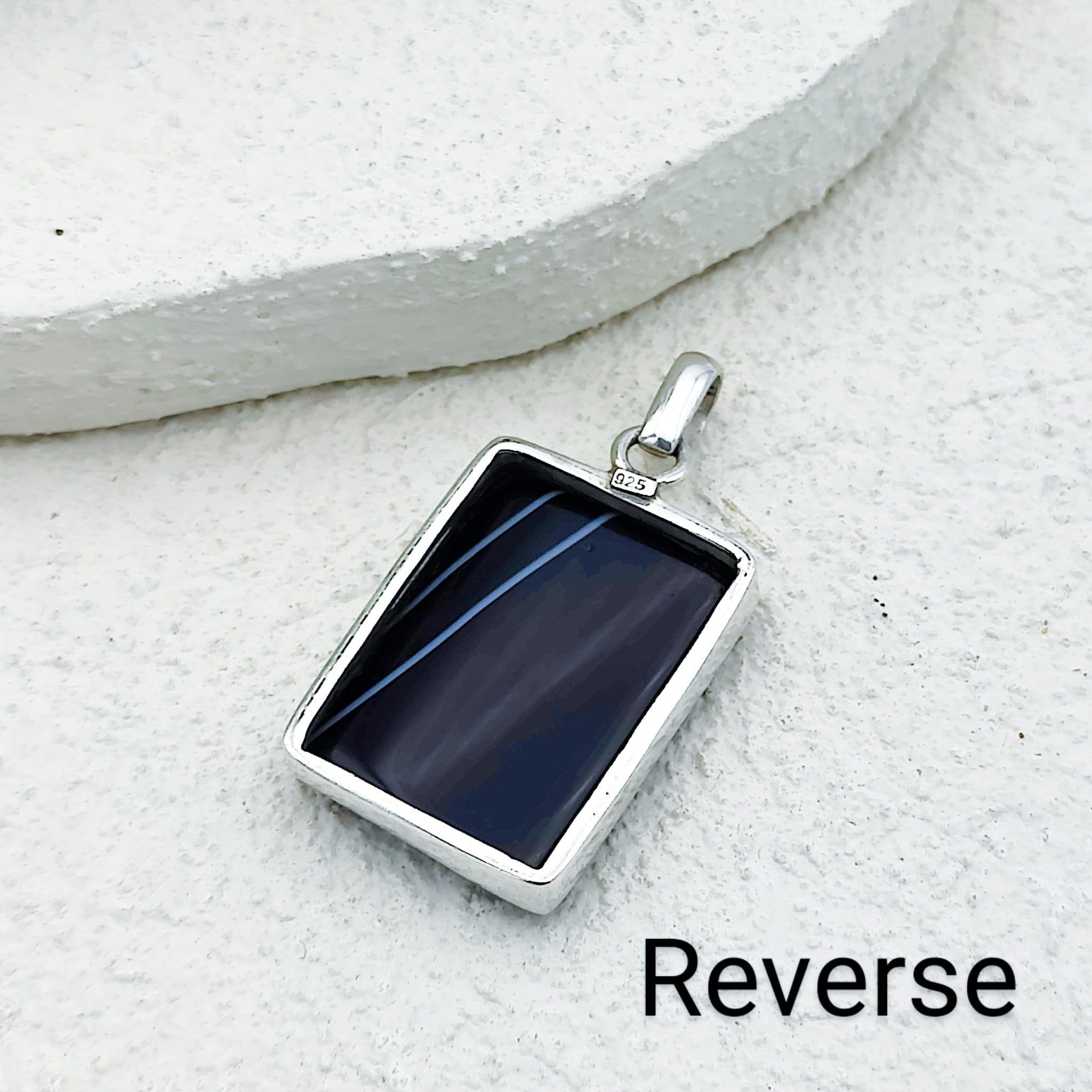 Hepburn and Hughes Banded Black Onyx Pendant | 30mm Rectangle | July Birthstone | Sterling Silver