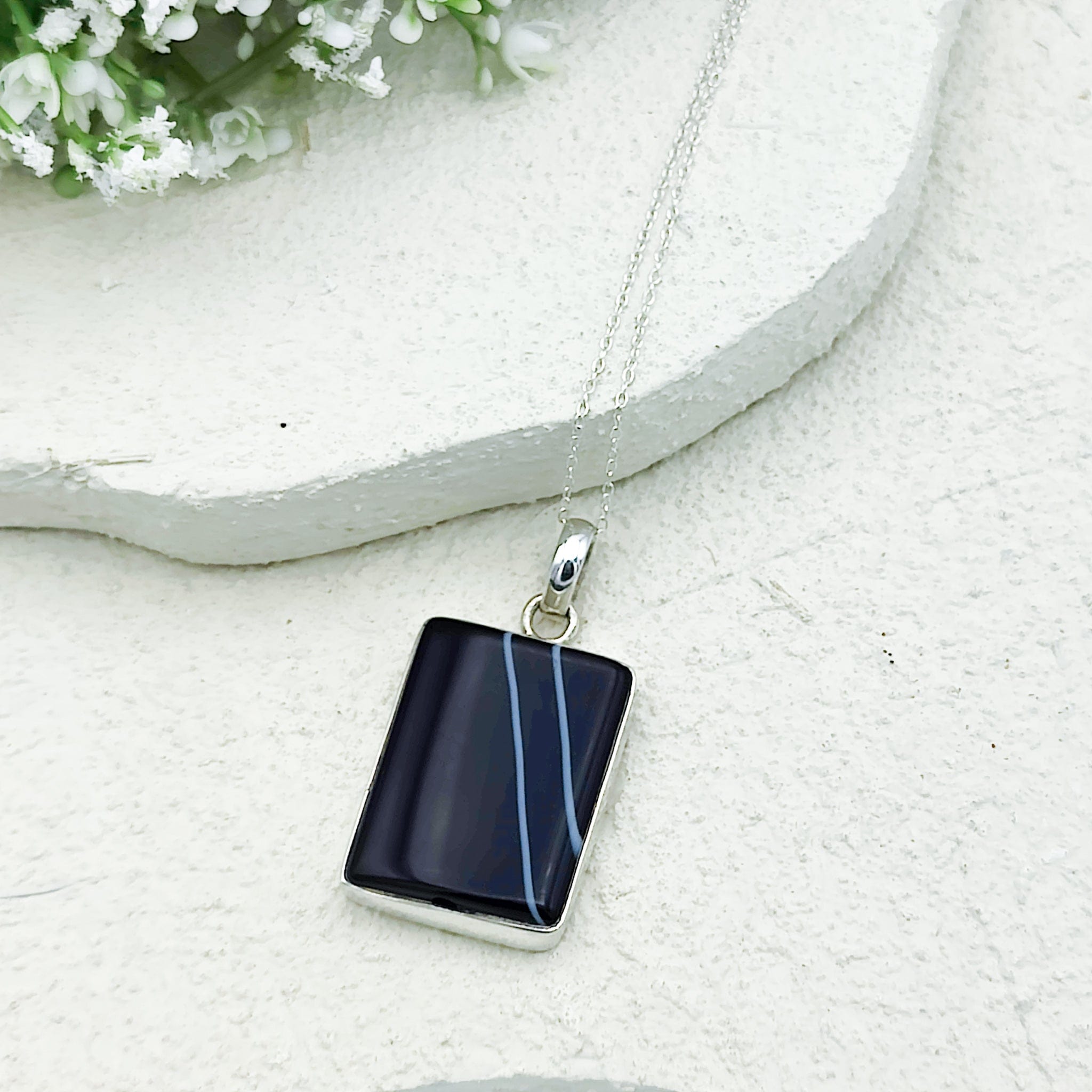 Hepburn and Hughes Banded Black Onyx Pendant | 30mm Rectangle | July Birthstone | Sterling Silver